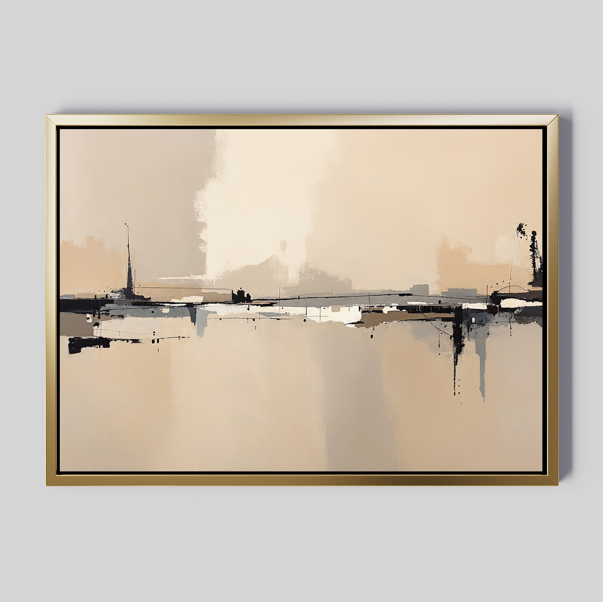 The Industrial Cityscape Canvas Art - Horizontal features minimalist abstract forms in neutral tones, framed in a thin gold-colored frame for modern elegance against a gray background. Perfect as industrial-inspired wall art.