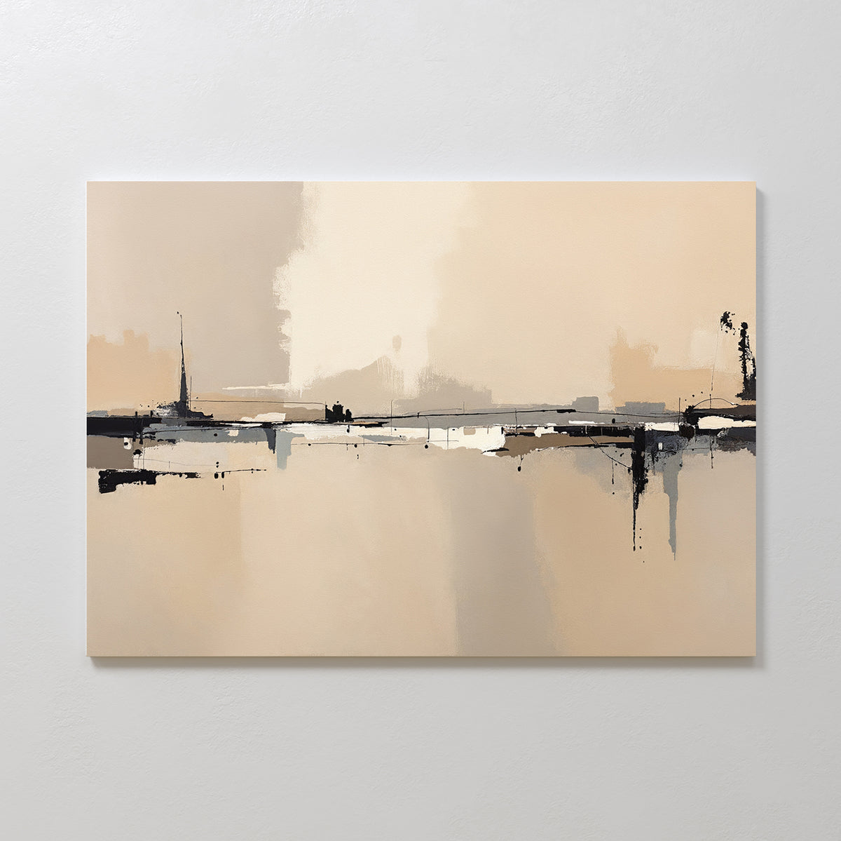 Industrial Cityscape Canvas Art - Horizontal features soft beige, cream, and gray tones with horizontal lines and dark accents, evoking minimalist abstract art and subtly suggesting urban architecture in a modern composition.