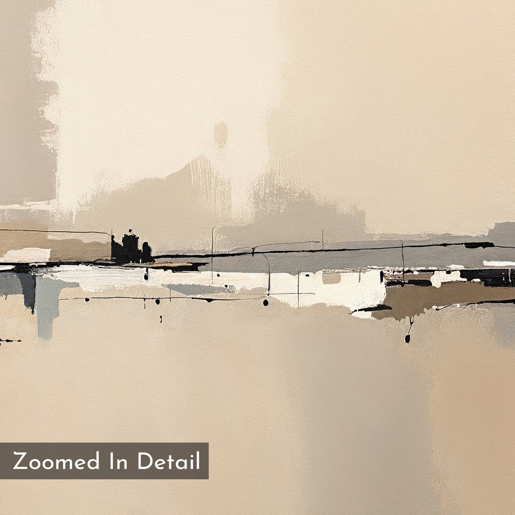 Industrial Cityscape Canvas Art - Horizontal features a minimalist abstract painting in soft beige, cream, and brown with horizontal lines and textured brushstrokes, evoking urban architecture. “Zoomed In Detail” appears in a gray box at the lower left.