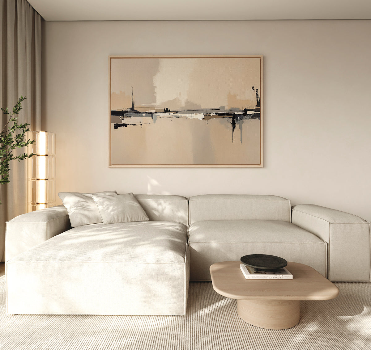 A modern living room with a light beige sectional sofa, wooden coffee table topped with a black bowl, tall plant, and the Industrial Cityscape Canvas Art - Horizontal on a light wall. Natural light fills the minimalist space.