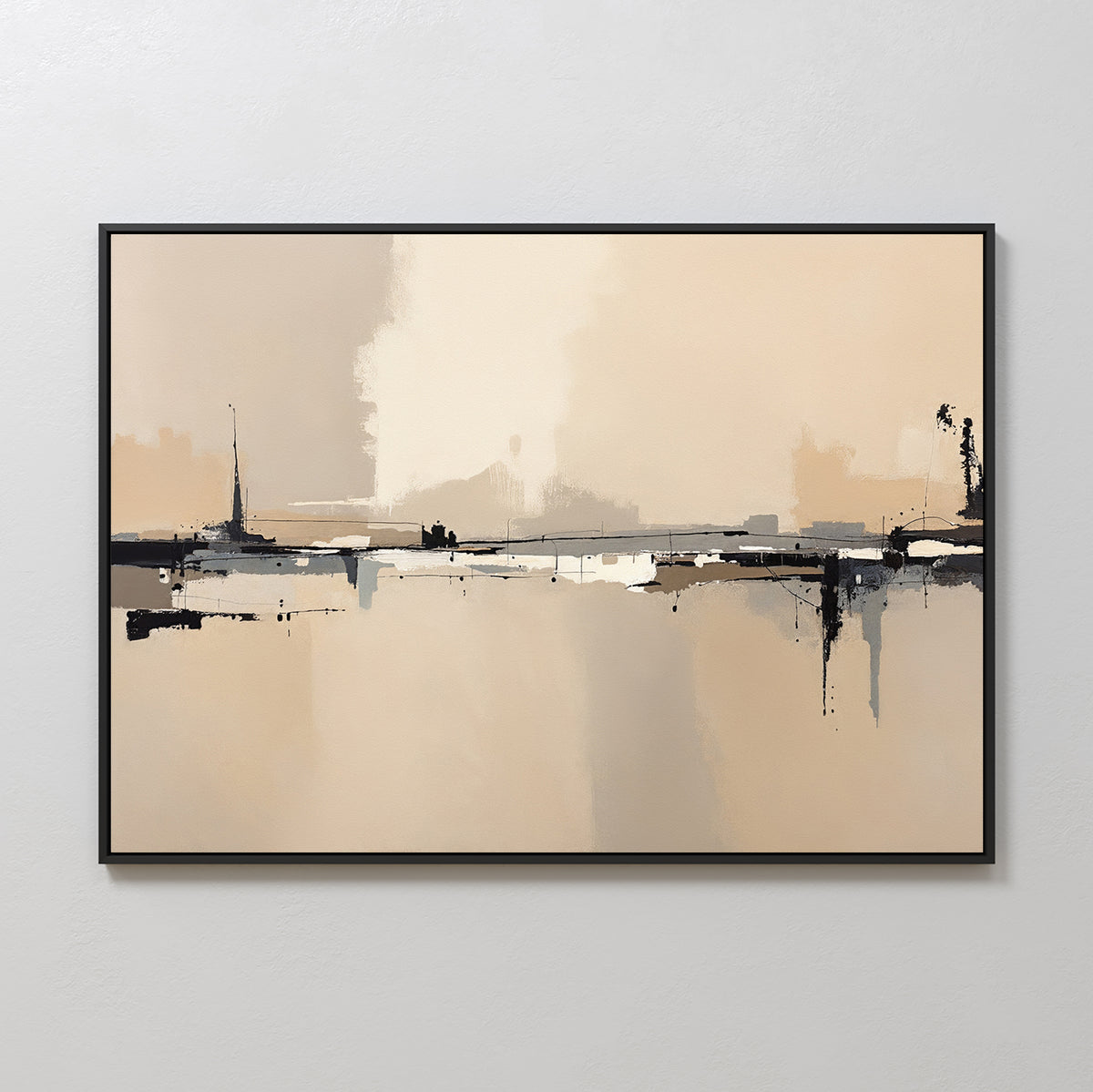 The Industrial Cityscape Canvas Art - Horizontal features minimalist abstract art in beige, cream, and black, with urban-inspired strokes forming a mirrored city silhouette. It comes framed in black and is shown on a light-colored wall.