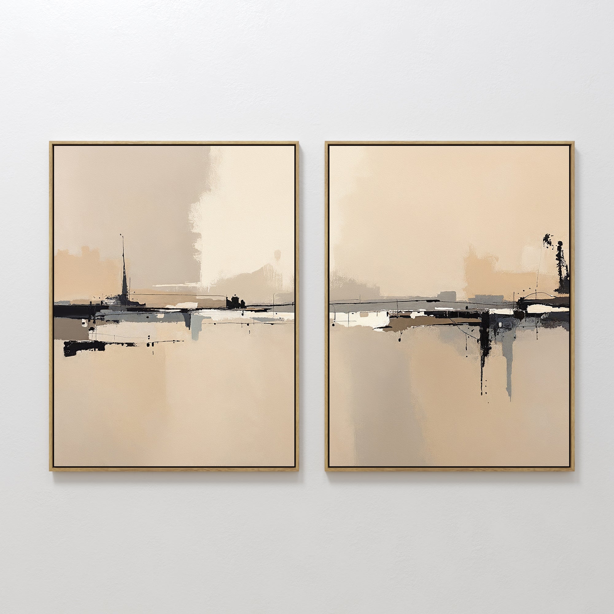 The Industrial Cityscape - Set Of 2 features abstract wall art in beige, gray, and black tones with horizontal brushstrokes and blurred shapes, perfect for a modern living room and adding a minimalist cityscape vibe to your decor.