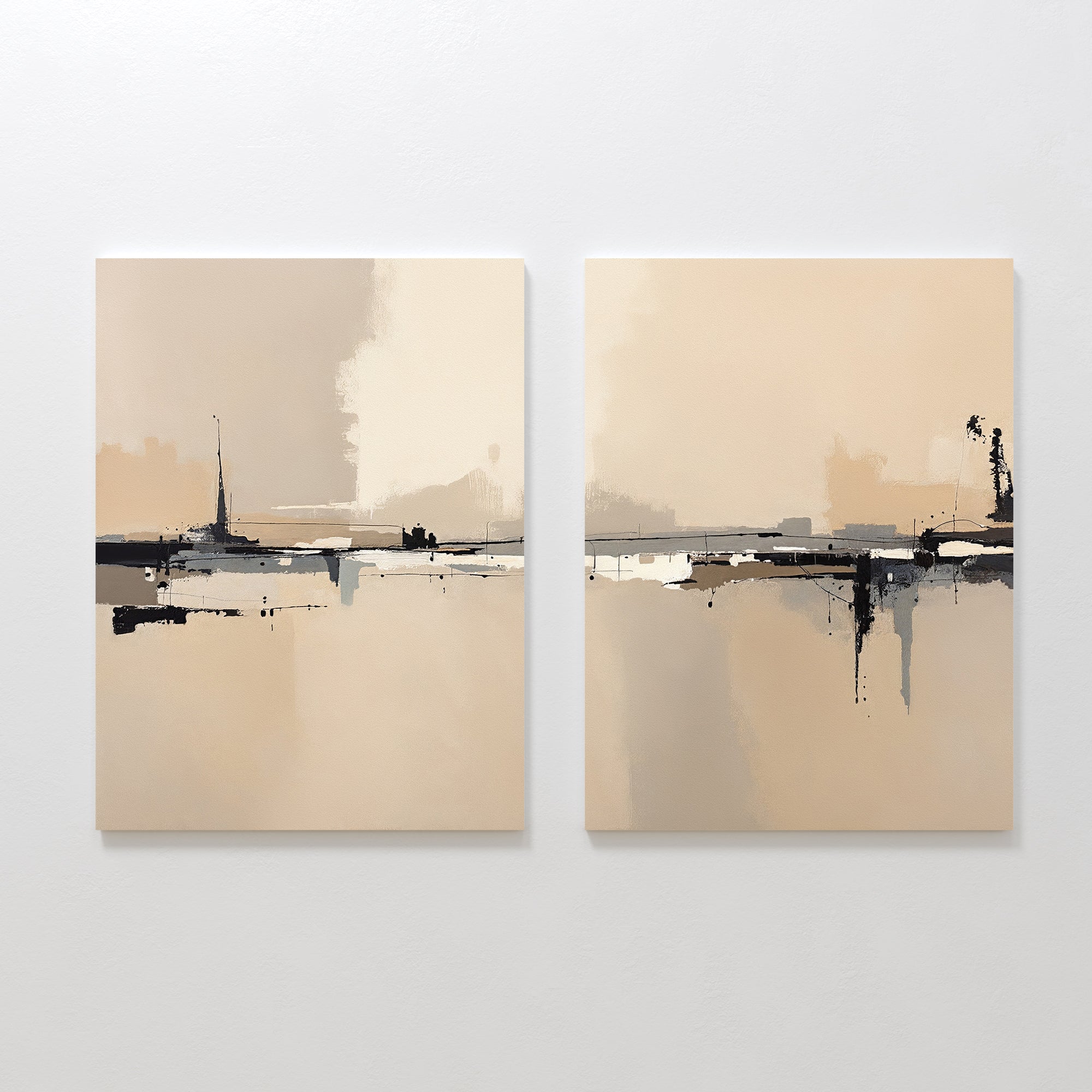 The "Industrial Cityscape - Set Of 2" features abstract wall art with muted beige, cream, black, and gray tones and horizontal brushstrokes, evoking a serene industrial city vibe. Perfect for adding calm to modern living room decor.