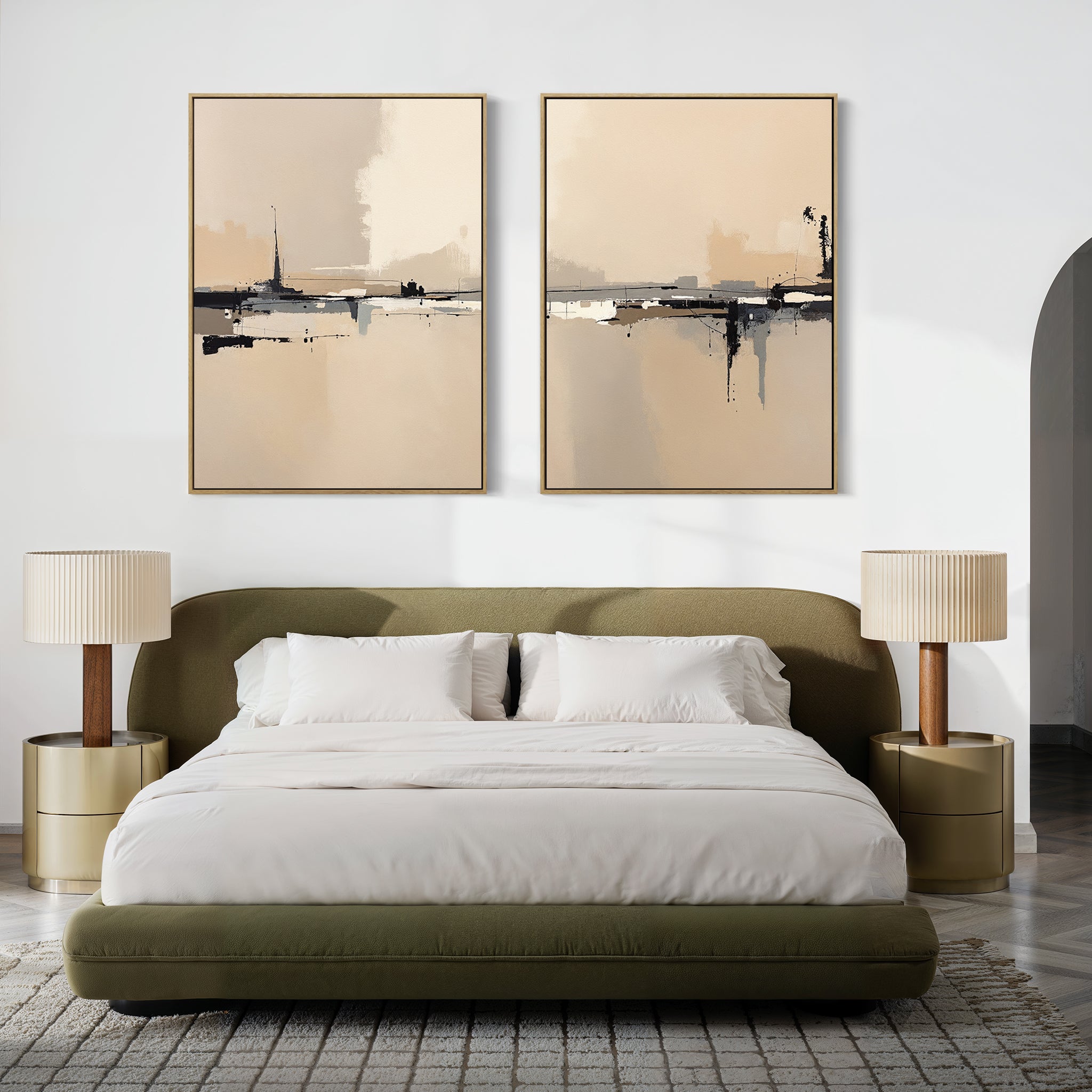 A modern bedroom with a green upholstered bed, white bedding, two round nightstands with beige lamps, and the "Industrial Cityscape - Set Of 2" wall art above the headboard. A patterned rug adds a touch of modern decor to the space.