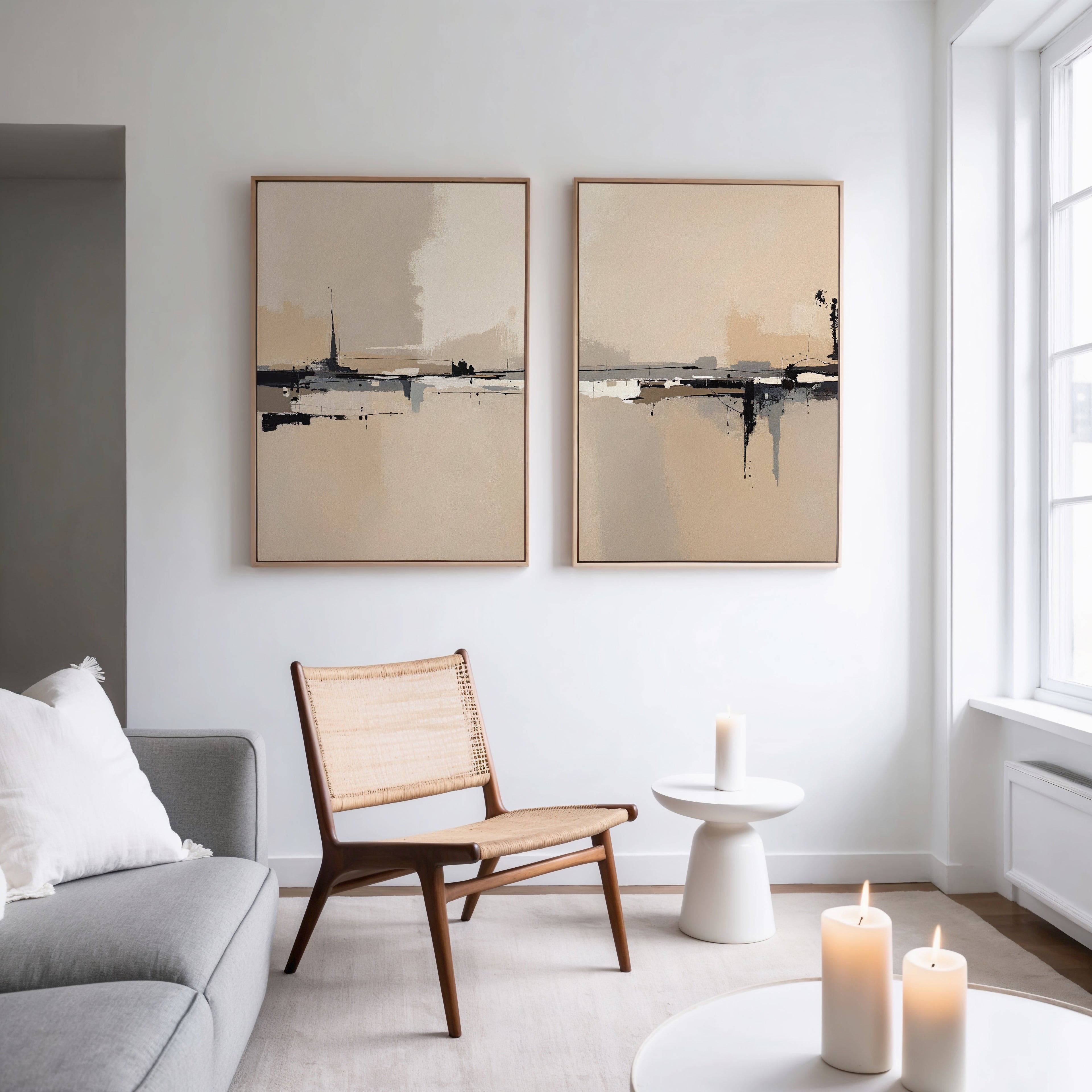 A modern living room with minimal decor features a gray sofa, woven chair, and a small round table. The "Industrial Cityscape - Set Of 2" artwork hangs above, while large windows fill the space with natural light and a contemporary vibe.