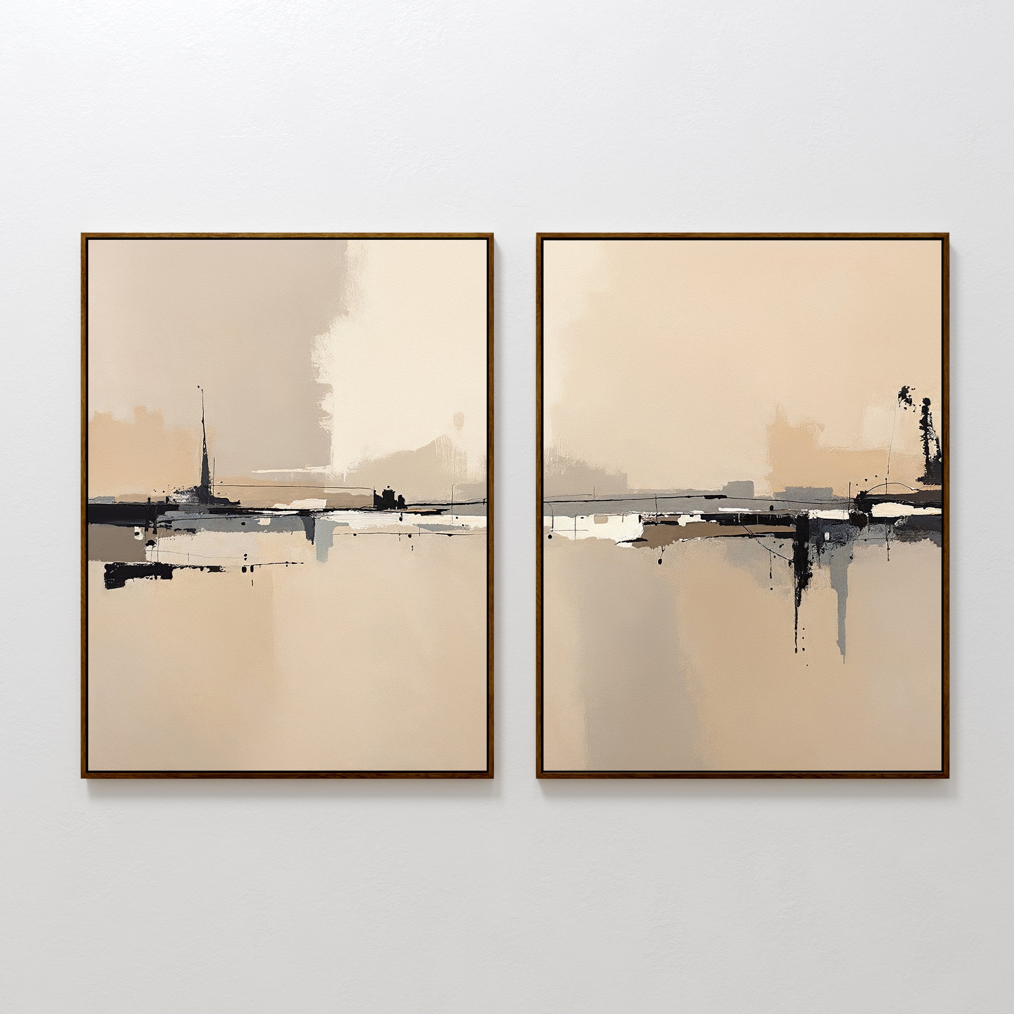 The Industrial Cityscape - Set Of 2 features abstract wall art in neutral beige and cream with bold black and gray streaks, framed in thin brown frames. Display side by side for a modern, industrial-inspired living room look.