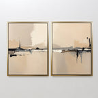 The Industrial Cityscape - Set Of 2 features abstract wall art in beige, black, white, and gray with gold frames. Bold horizontal lines and color blocks add a calm, minimalist touch—ideal for enhancing modern living room decor.