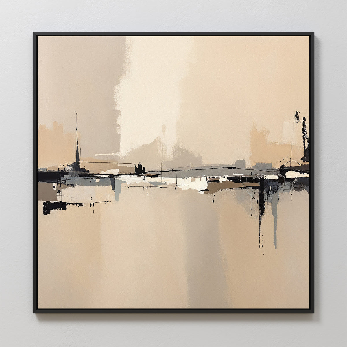 The Industrial Cityscape Canvas Art - Square features bold beige, cream, black, and gray brushstrokes with a black frame—ideal modern decor for your living room.