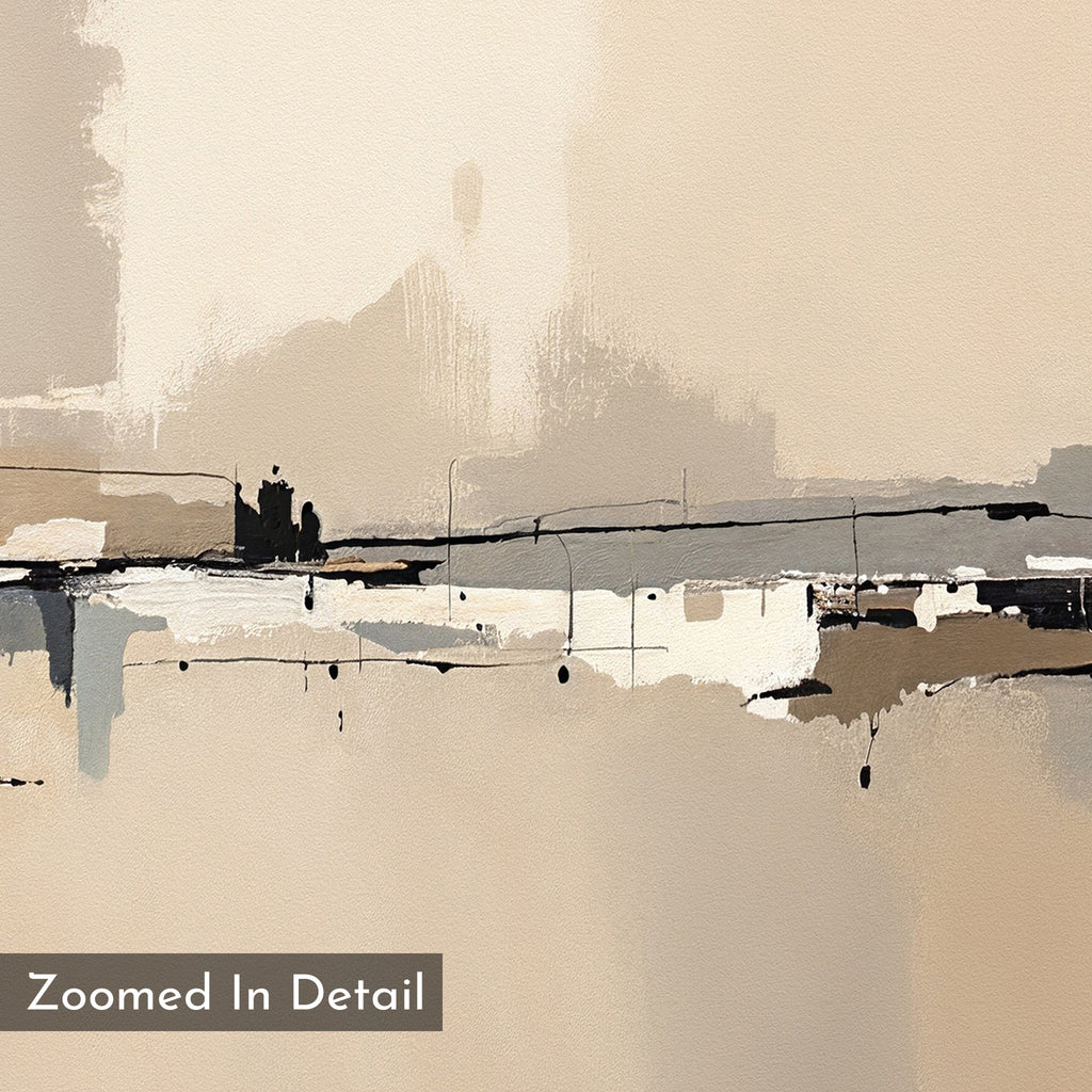 Industrial Cityscape Canvas Art - Square showcases beige, cream, and brown tones with layered brushstrokes, black lines, and splashes—perfect for modern living rooms. “Zoomed In Detail” appears in the bottom left corner.