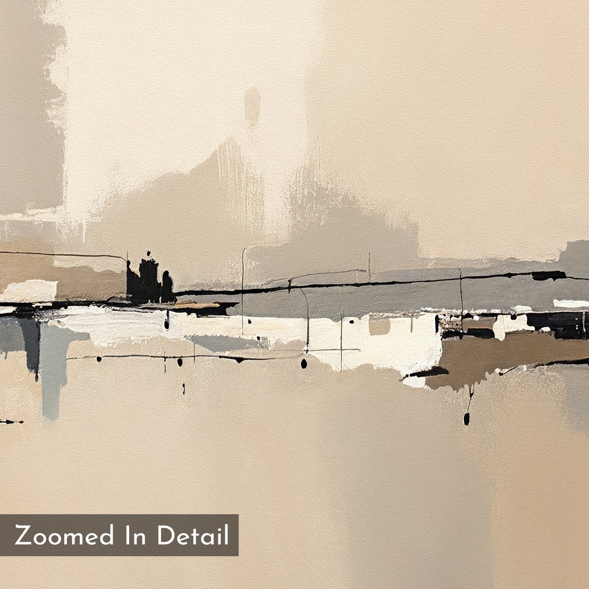 Industrial Cityscape Canvas Art - Square showcases beige, cream, and brown tones with layered brushstrokes, black lines, and splashes—perfect for modern living rooms. “Zoomed In Detail” appears in the bottom left corner.
