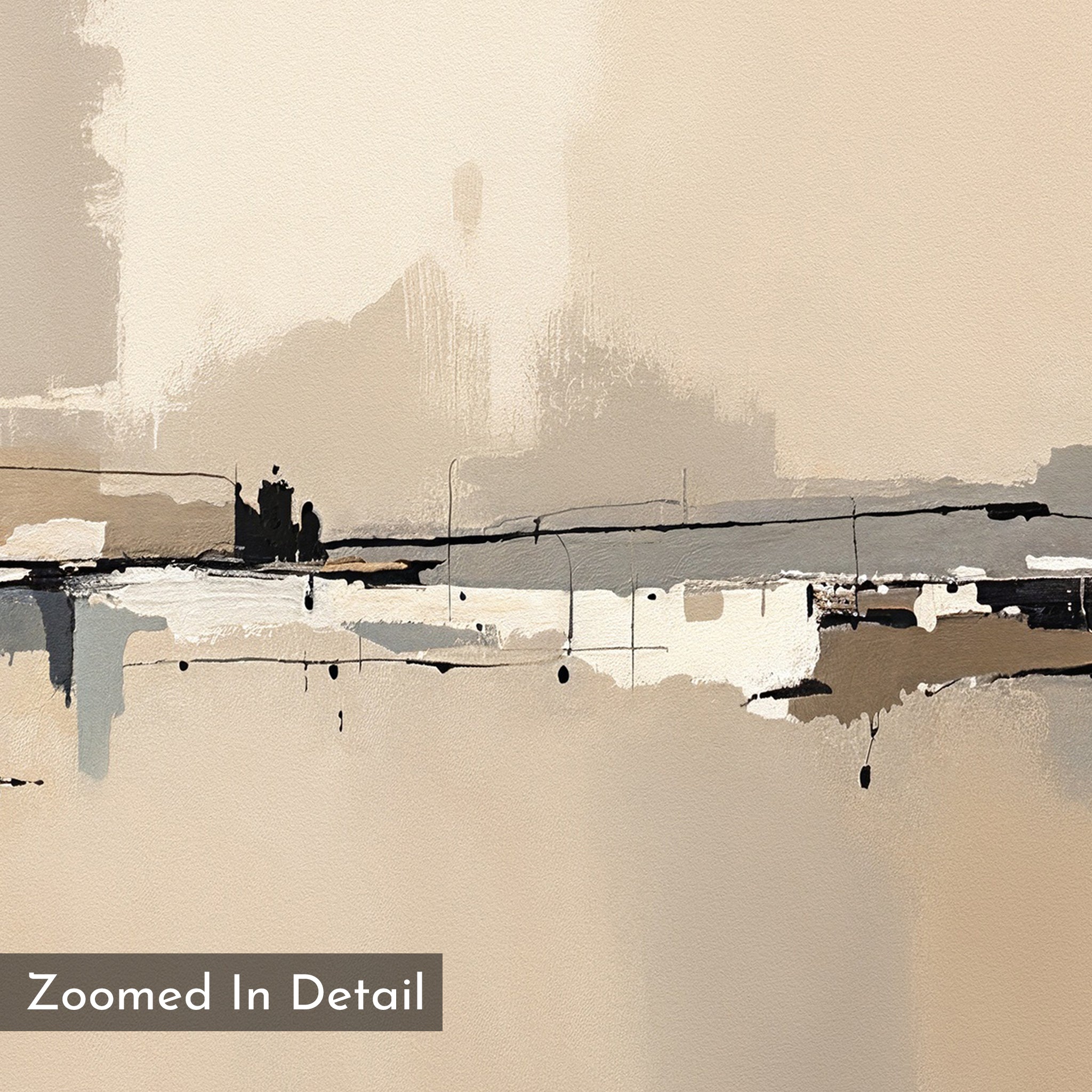 Industrial Cityscape Canvas Art - Square showcases beige, cream, and brown tones with layered brushstrokes, black lines, and splashes—perfect for modern living rooms. “Zoomed In Detail” appears in the bottom left corner.