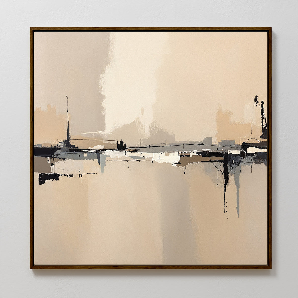 The Industrial Cityscape Canvas Art - Square features blurred shapes in beige, cream, gray, and black tones, evoking an abstract cityscape reflected on water—ideal modern living room decor for a plain white wall.