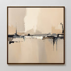 The Industrial Cityscape Canvas Art - Square features blurred shapes in beige, cream, gray, and black tones, evoking an abstract cityscape reflected on water—ideal modern living room decor for a plain white wall.