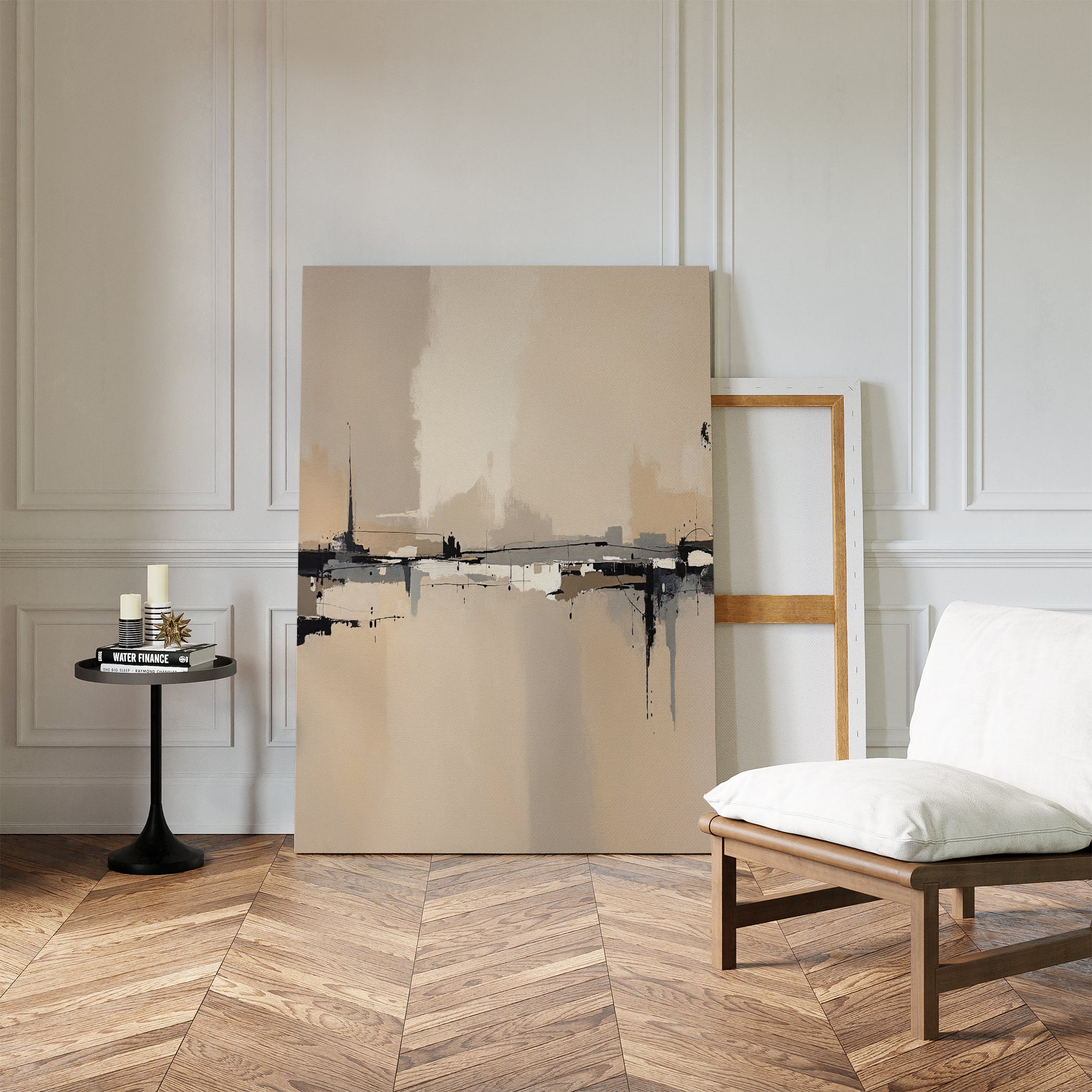 The Industrial Cityscape Canvas Art - Vertical leans against a white paneled wall on a herringbone wood floor, with a cushioned wooden chair and round table nearby for a minimalist, cozy modern living room vibe.