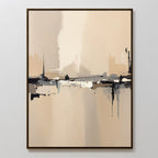 Industrial Cityscape Canvas Art - Vertical features beige, cream, black, and gray tones. Bold brushstrokes add depth and balance, perfect for modern living rooms. Presented in a slim brown frame against a light wall.