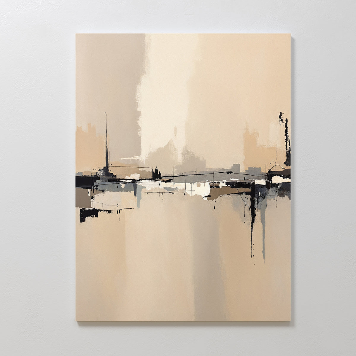 The Industrial Cityscape Canvas Art - Vertical features blurred horizontal lines in beige, cream, black, and white tones, evoking an industrial skyline reflected on water—ideal for modern living rooms and light-colored walls.