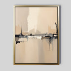 The Industrial Cityscape Canvas Art - Vertical features abstract blurred shapes in beige, cream, black, and grey with a thin gold frame—perfect for adding modern style to any living room.