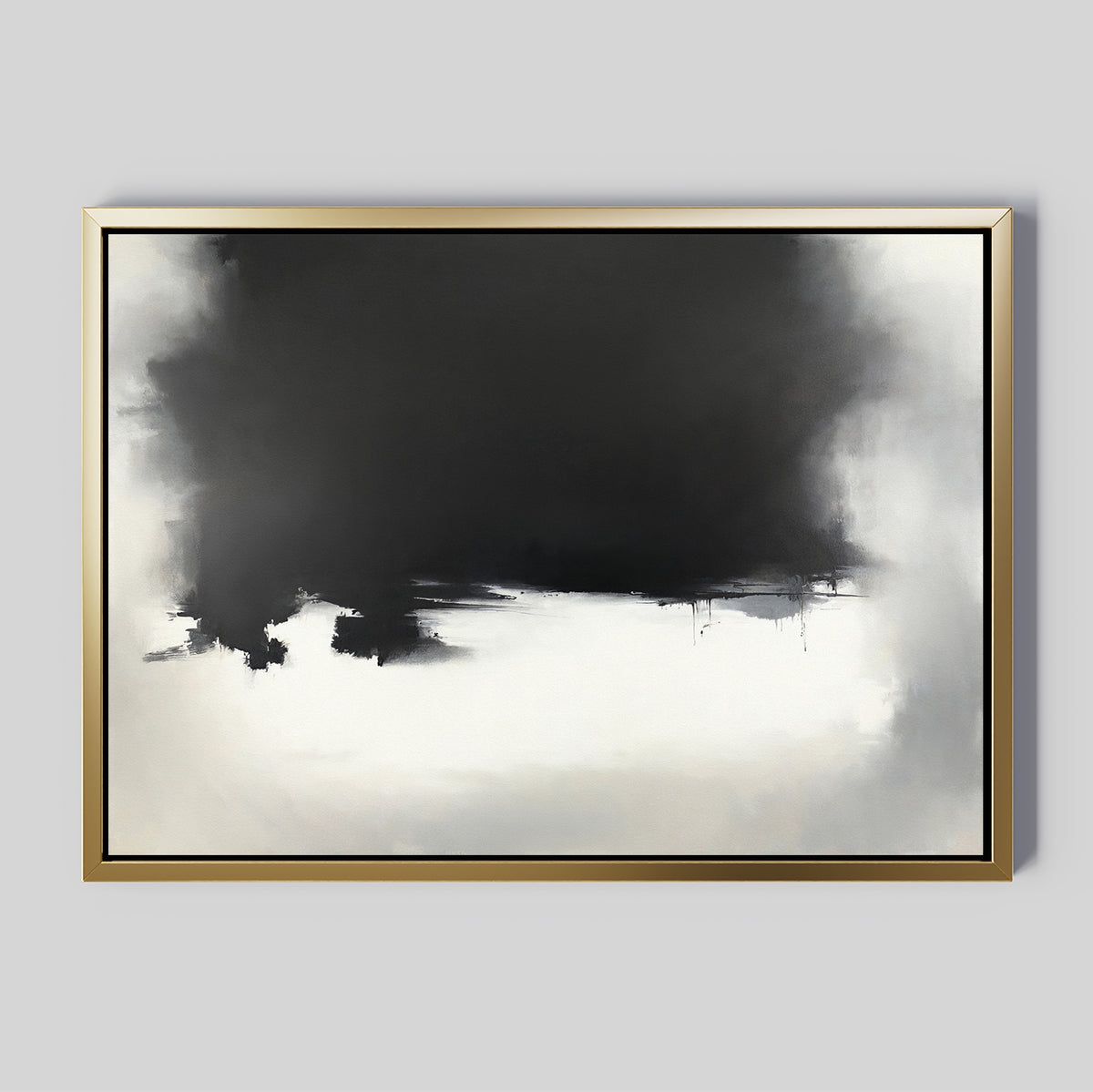 Ink Cloud Formation Canvas Art - Horizontal features a large black area blending into white and gray tones, set in a gold frame on a light gray background. Its soft transitions and minimalistic style create modern sophistication.