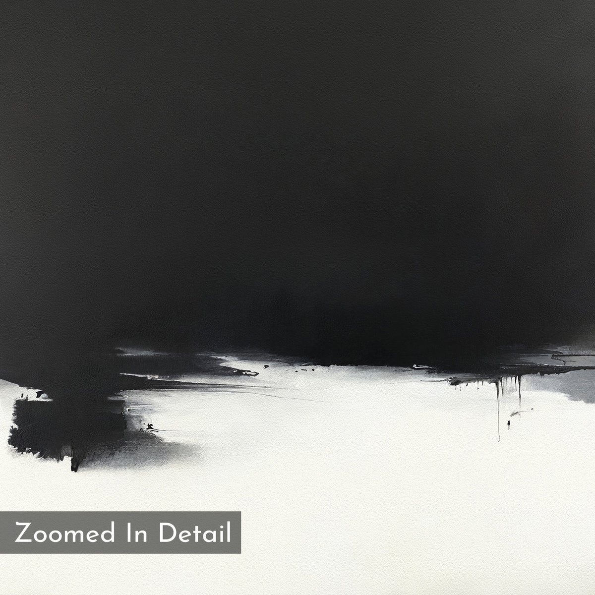 The Ink Cloud Formation Canvas Art - Horizontal features bold black brush strokes across the upper half and left side, fading into a white background for a modern, minimalist look. "Zoomed In Detail" appears in the bottom left corner.