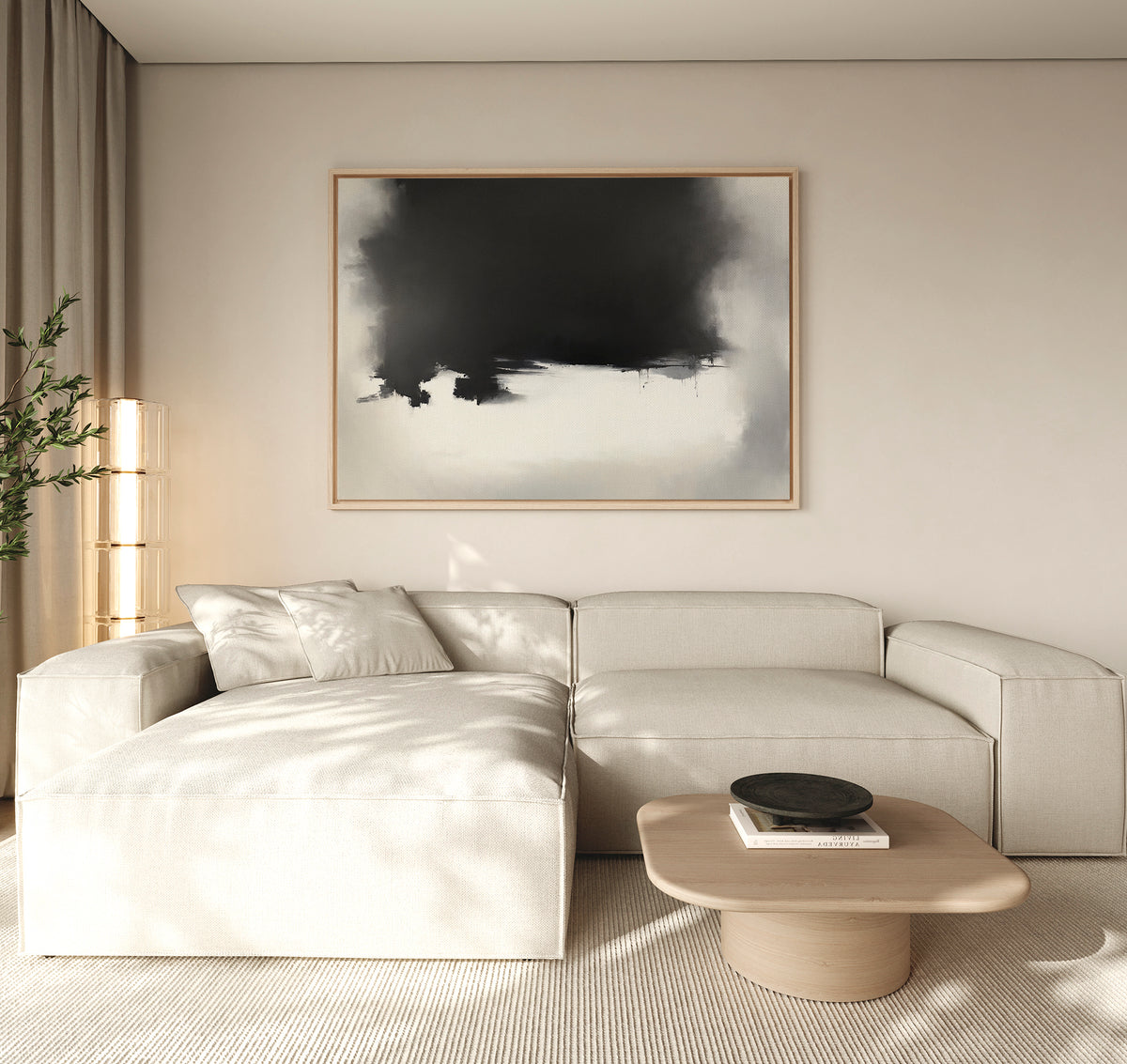 A modern living room featuring a light beige sectional sofa, low wooden coffee table with black bowl, tall lamp, potted plant, and the Ink Cloud Formation Canvas Art - Horizontal adding sophisticated style to the wall.