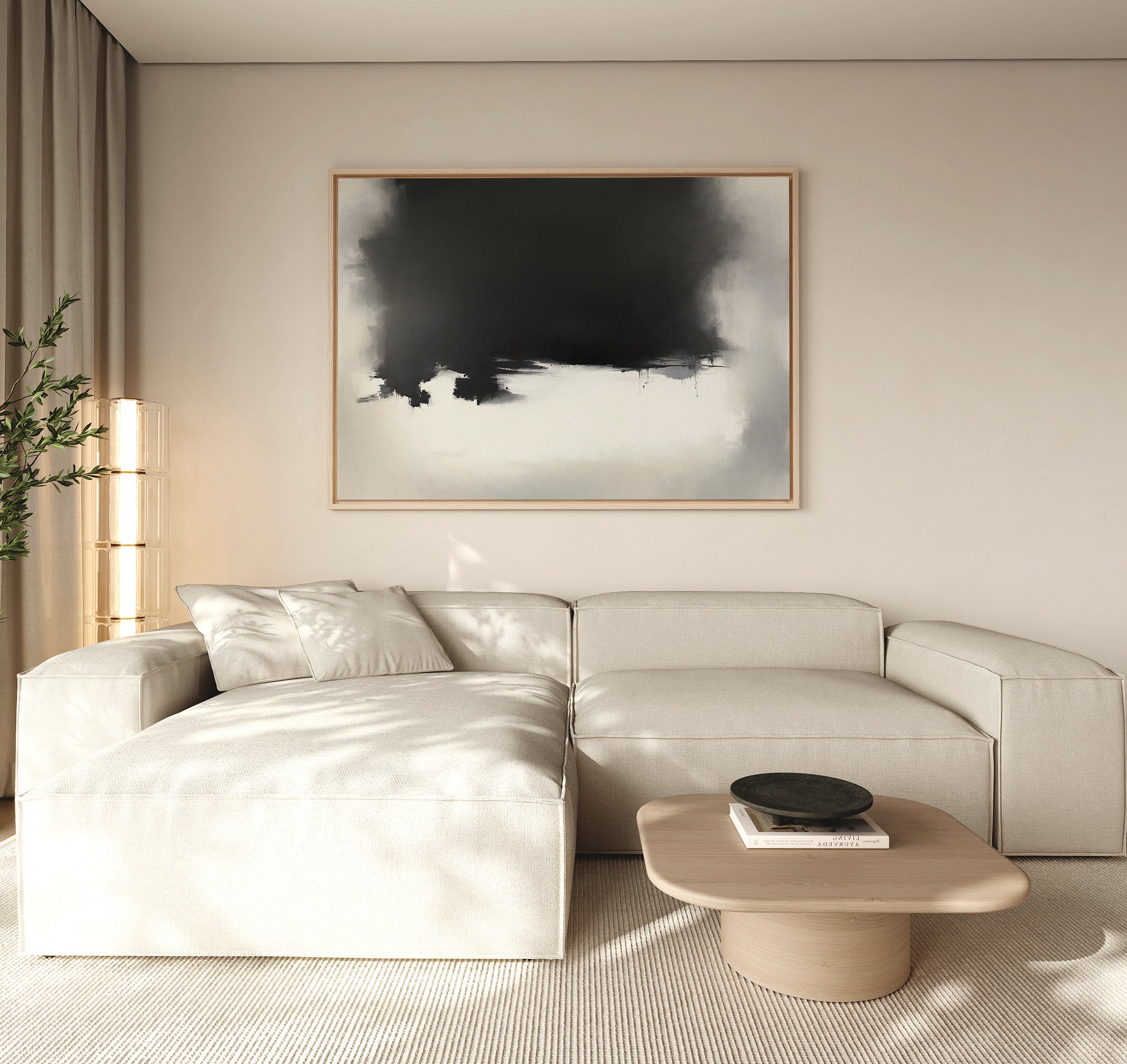 A modern living room featuring a light beige sectional sofa, low wooden coffee table with black bowl, tall lamp, potted plant, and the Ink Cloud Formation Canvas Art - Horizontal adding sophisticated style to the wall.