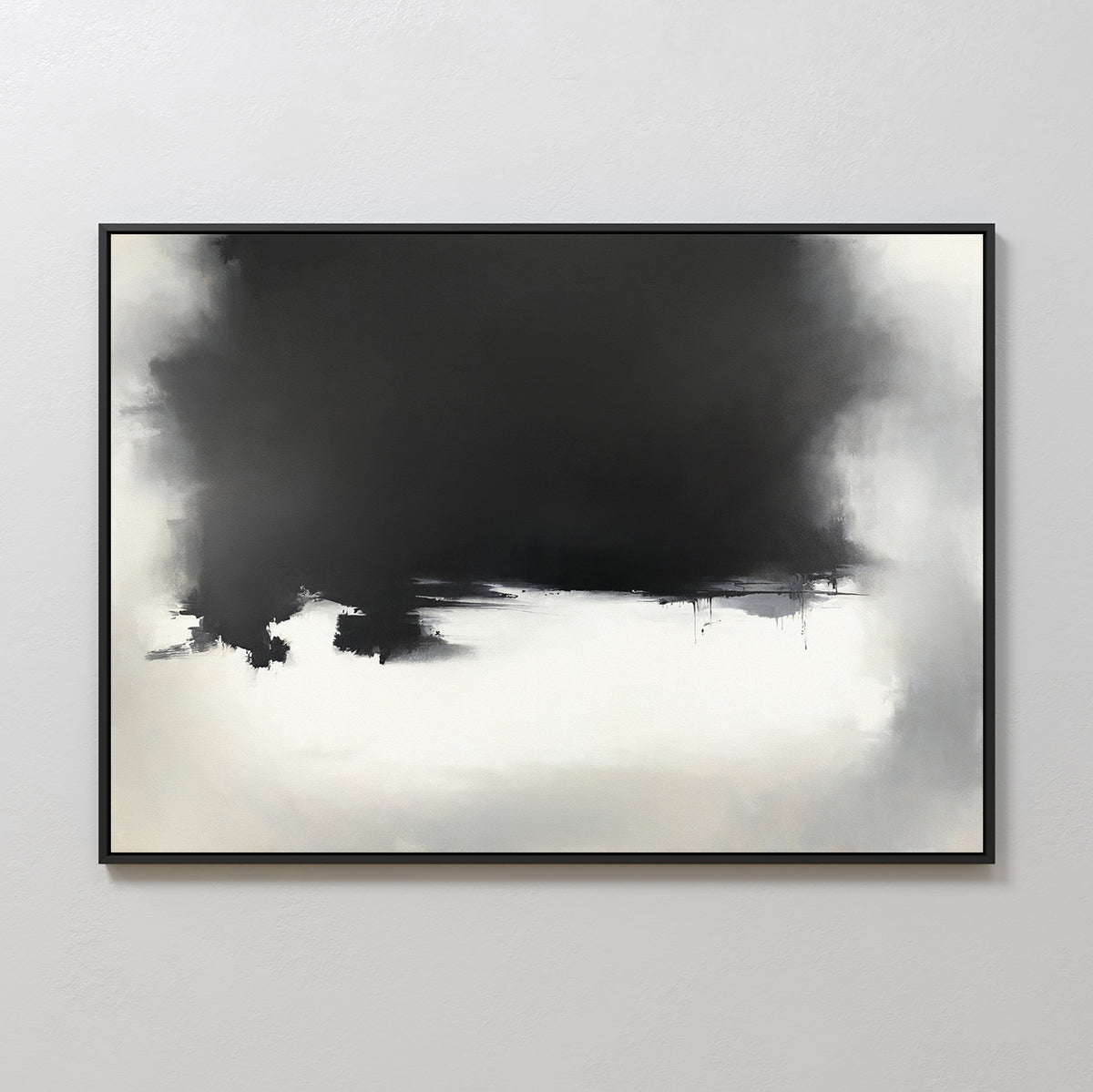 The Ink Cloud Formation Canvas Art - Horizontal features a bold black cloud shape across the top, blending into white and light gray below, offering modern sophistication when displayed on a light gray wall.