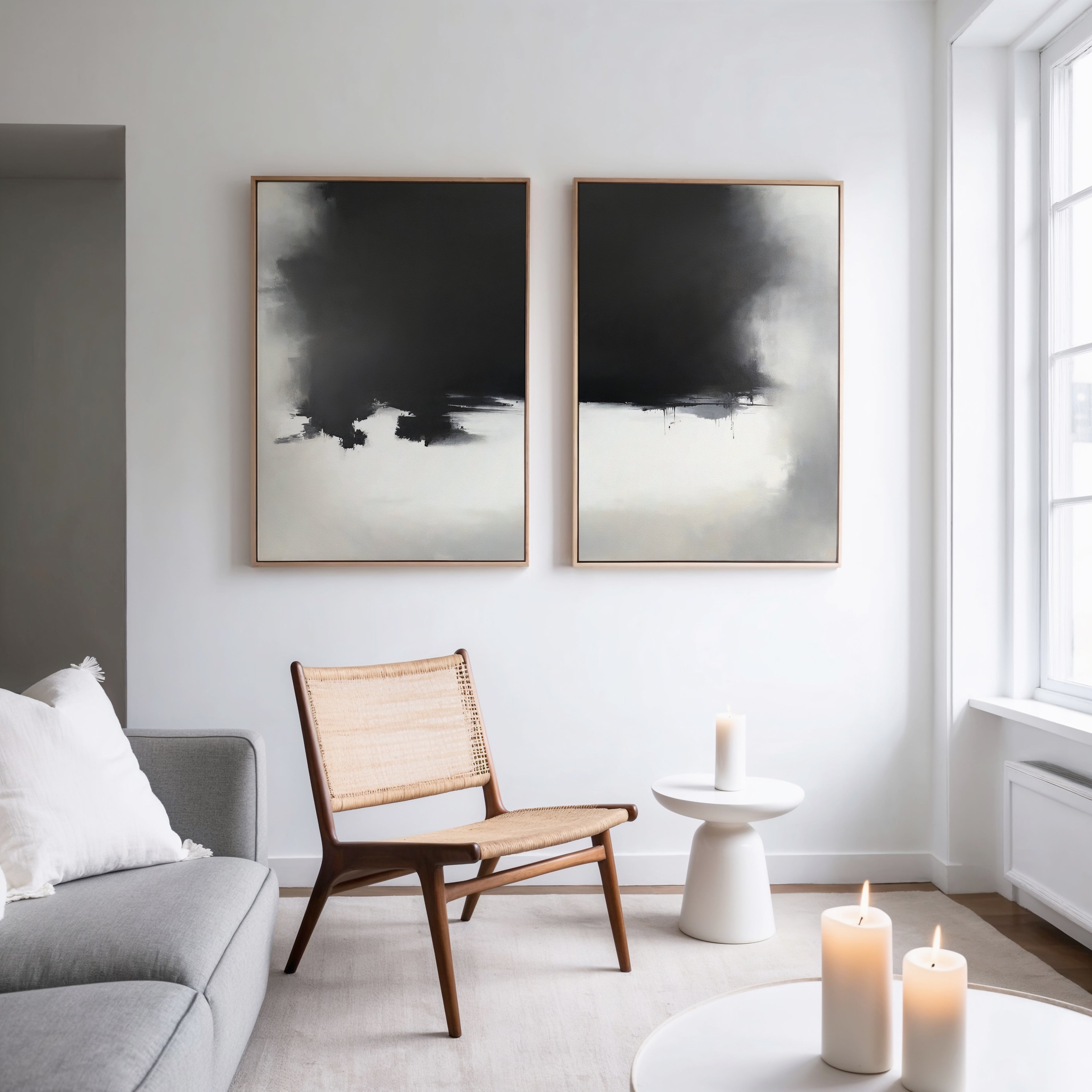 A modern living room with a gray sofa, rattan chair, small round table, and lit candles. The "Ink Cloud Formation - Set Of 2" modern wall art in monochrome print hangs on a white wall by tall windows streaming natural light.