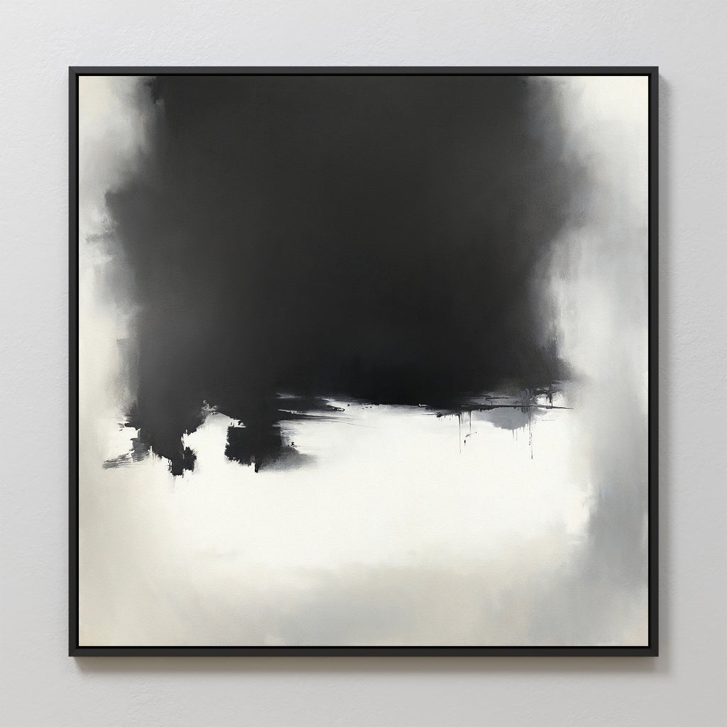 The Ink Cloud Formation Canvas Art - Square features a bold black and gray cloud design fading into lighter tones, exuding modern sophistication. Monochrome print, thin black frame, perfect for bright walls.