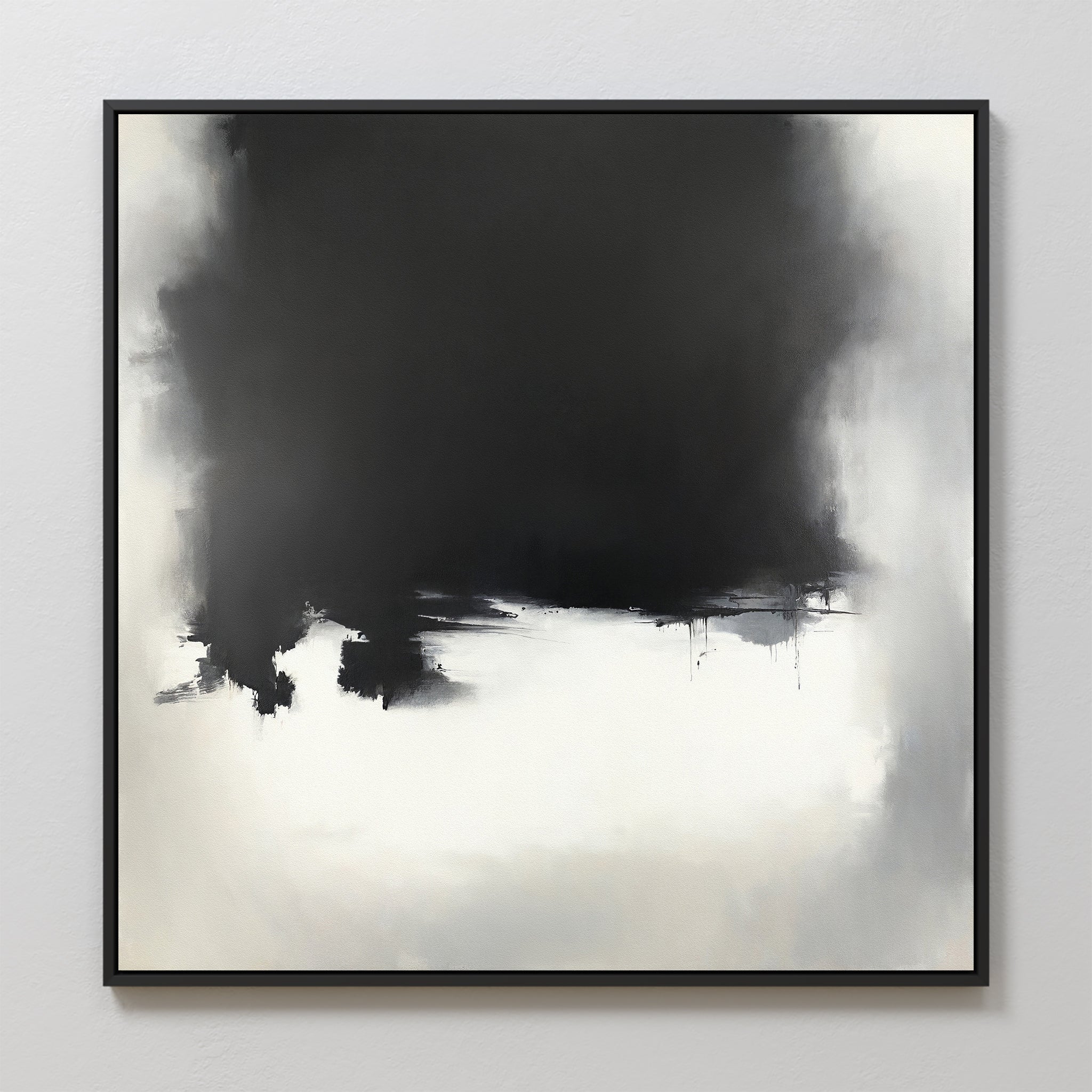 The Ink Cloud Formation Canvas Art - Square features a bold black and gray cloud design fading into lighter tones, exuding modern sophistication. Monochrome print, thin black frame, perfect for bright walls.
