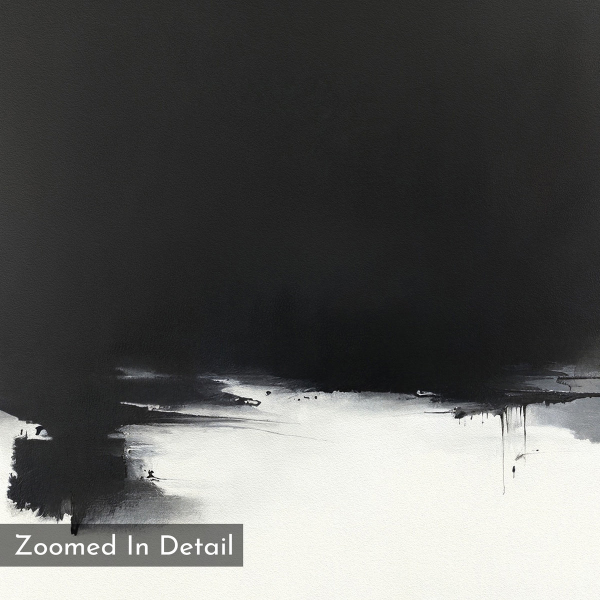 Ink Cloud Formation Canvas Art - Square showcases bold black and white brush strokes with a dark top blending into lighter tones below. Modern and sophisticated, this monochrome print features a “Zoomed In Detail” label in the corner.