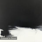 Ink Cloud Formation Canvas Art - Square showcases bold black and white brush strokes with a dark top blending into lighter tones below. Modern and sophisticated, this monochrome print features a “Zoomed In Detail” label in the corner.