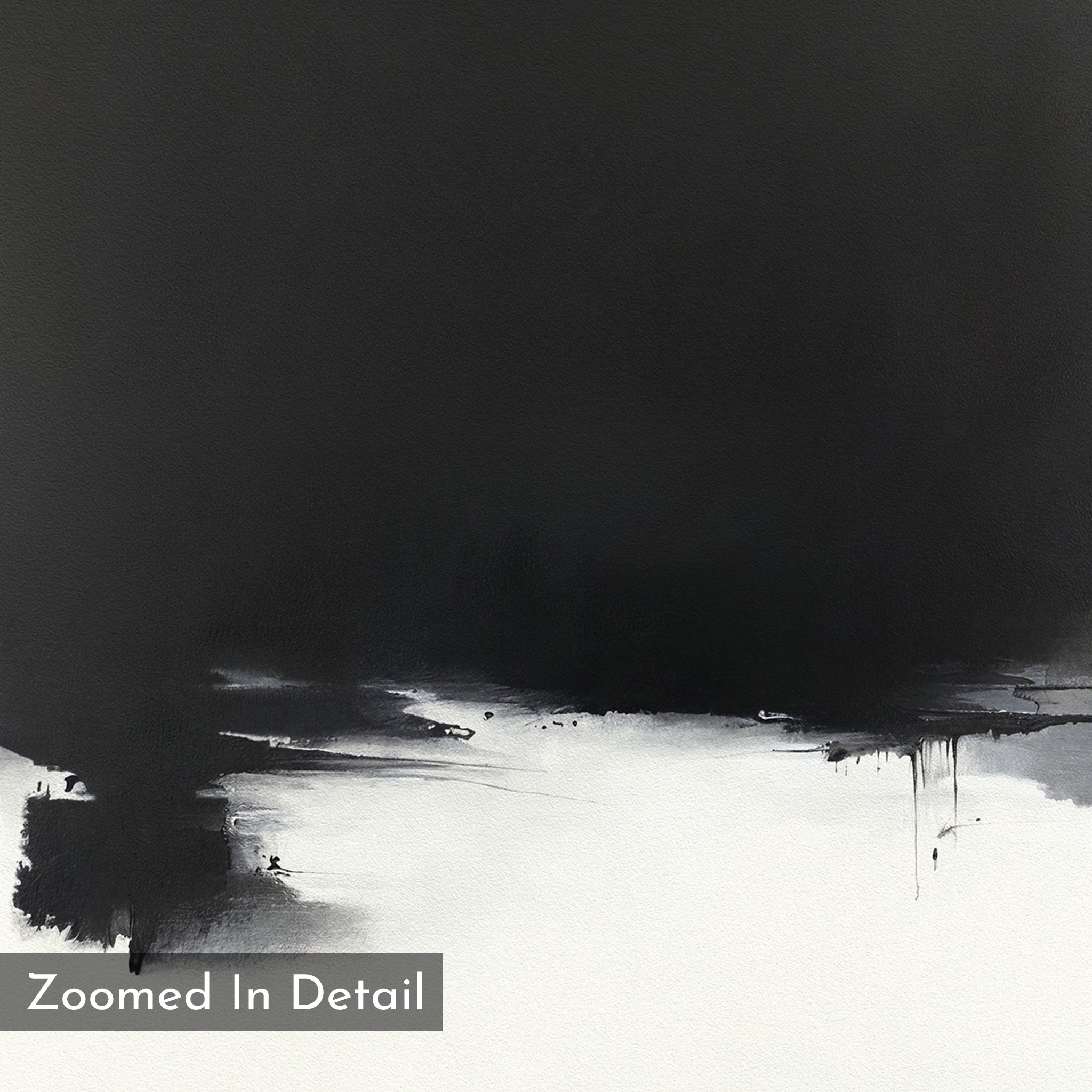Ink Cloud Formation Canvas Art - Square showcases bold black and white brush strokes with a dark top blending into lighter tones below. Modern and sophisticated, this monochrome print features a “Zoomed In Detail” label in the corner.