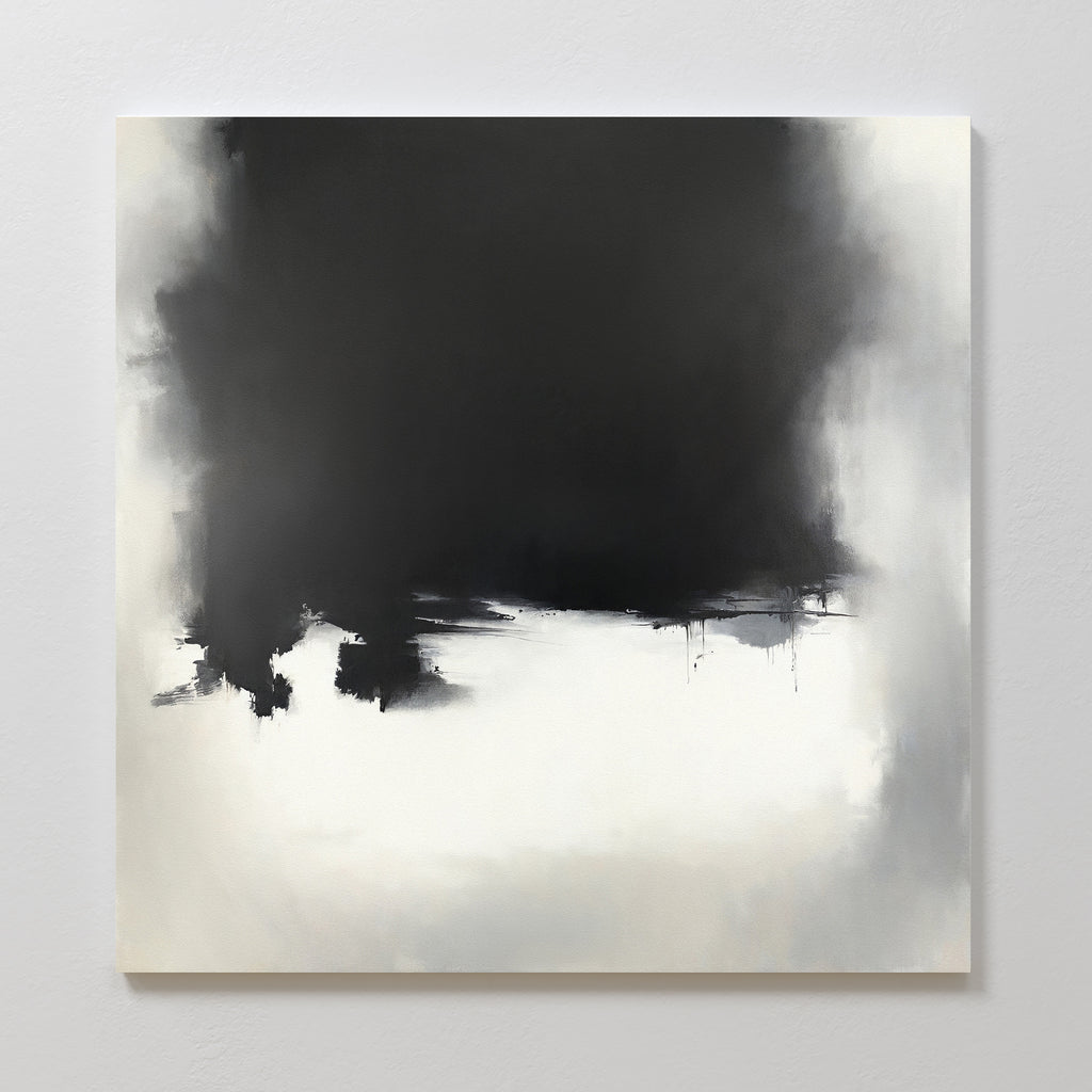 Ink Cloud Formation Canvas Art - Square showcases a bold black cloud dominating the upper center, fading into soft gray and white. This monochrome print adds modern sophistication with blurred transitions and subtle paint drips.