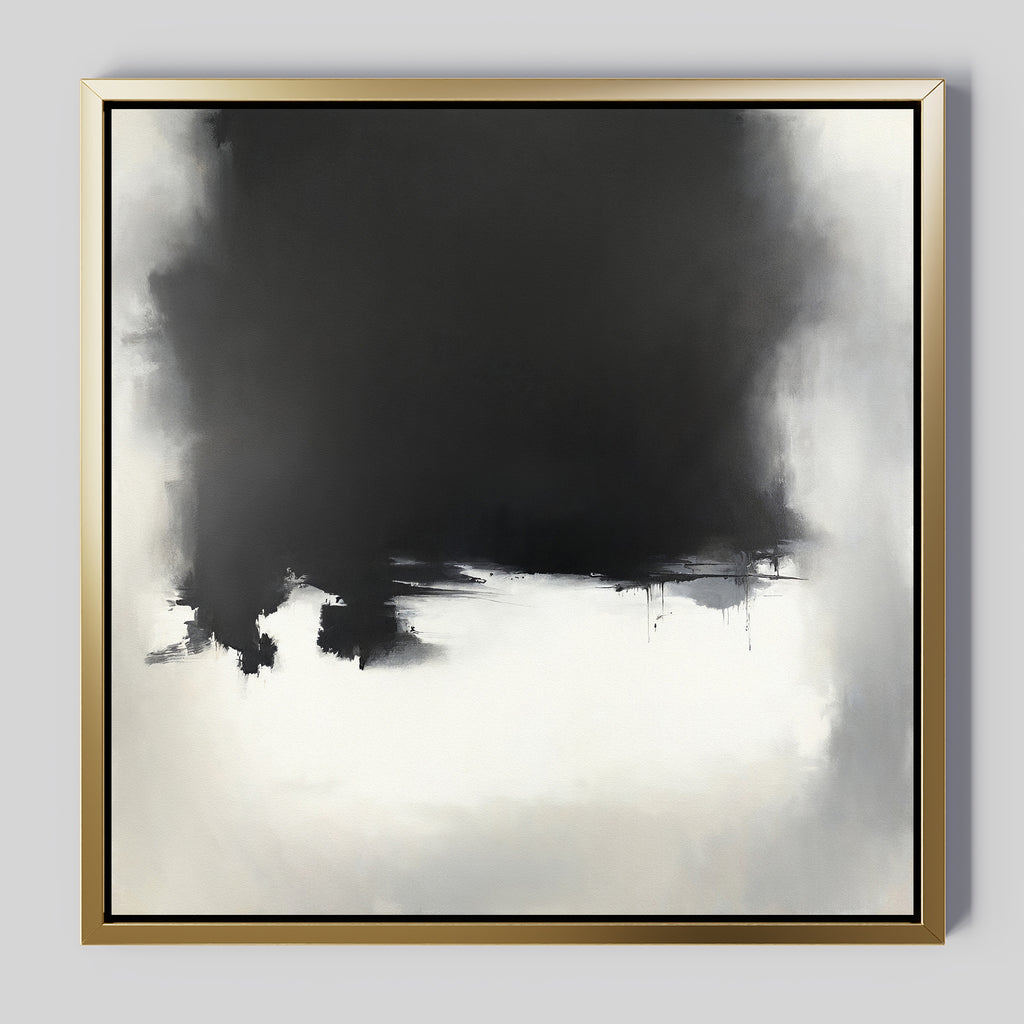 Bring modern sophistication to your space with the Ink Cloud Formation Canvas Art - Square, featuring a bold black mass fading into white, dynamic brushstrokes, and paint drips for a striking monochrome statement in a gold frame.