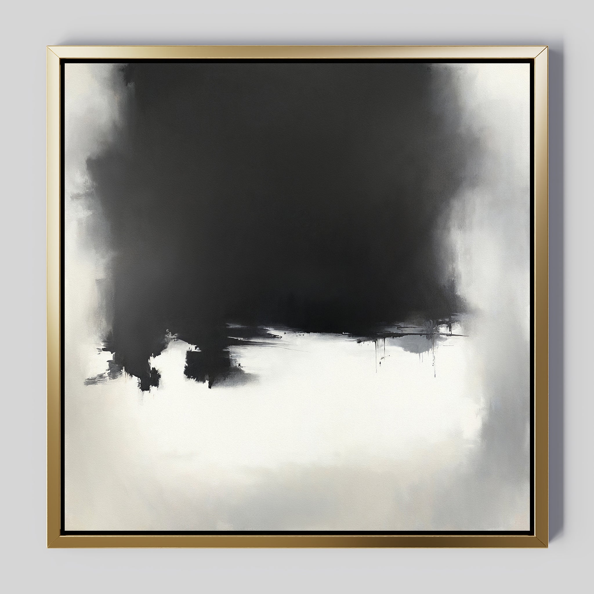 Bring modern sophistication to your space with the Ink Cloud Formation Canvas Art - Square, featuring a bold black mass fading into white, dynamic brushstrokes, and paint drips for a striking monochrome statement in a gold frame.