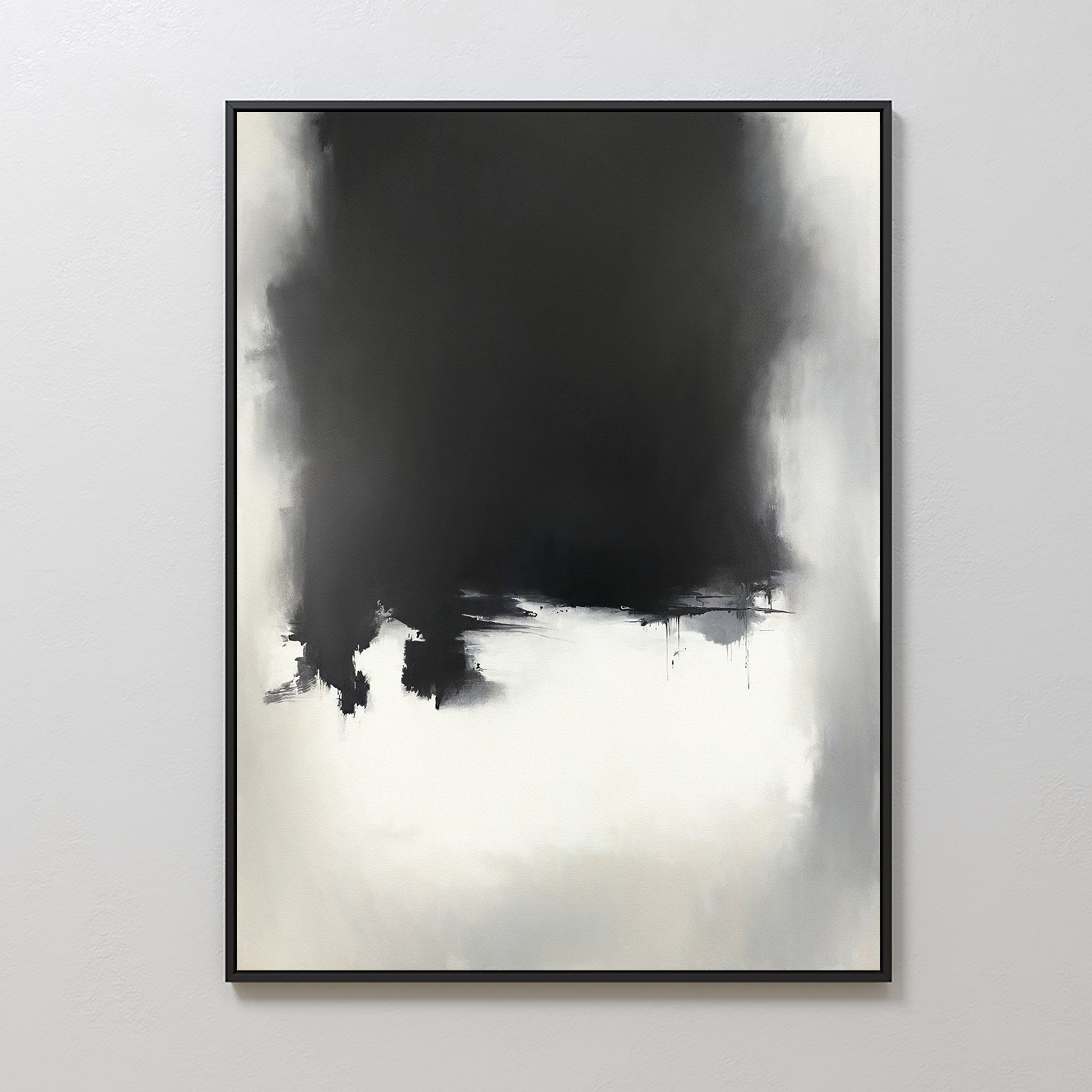 The "Ink Cloud Formation Canvas Art - Vertical" features a framed abstract design with bold black blending into gray and white, exuding modern sophistication. Its soft, cloudy edges evoke minimalist Nordic Park-inspired style.