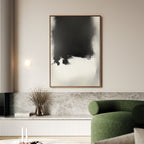 Ink Cloud Formation Canvas Art - Vertical adds modern sophistication to your living room, pairing perfectly with a green sofa, marble console, dried botanicals, and a globe wall sconce for an elegant monochrome touch.