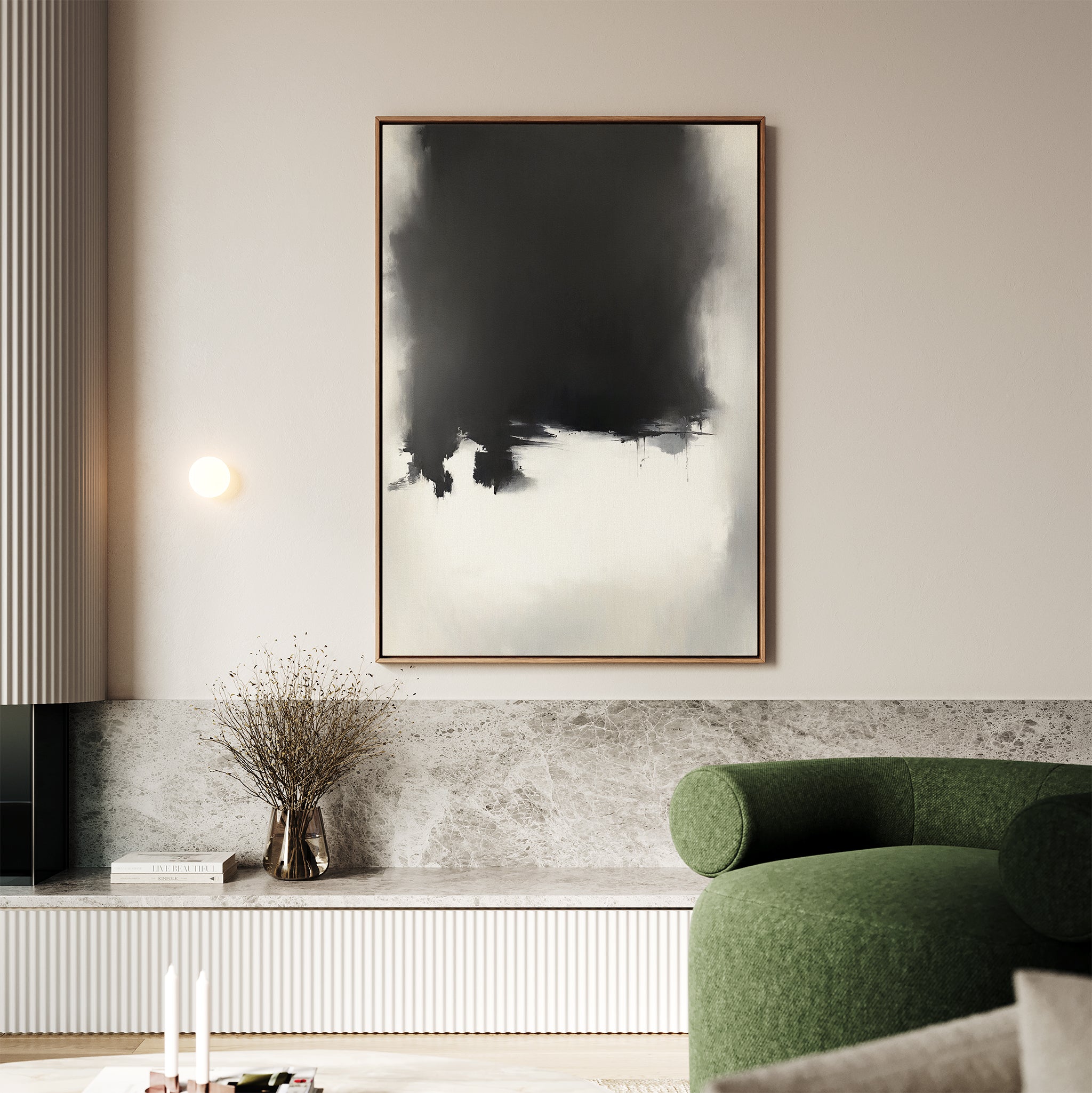Ink Cloud Formation Canvas Art - Vertical adds modern sophistication to your living room, pairing perfectly with a green sofa, marble console, dried botanicals, and a globe wall sconce for an elegant monochrome touch.