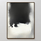 Ink Cloud Formation Canvas Art - Vertical features a large black mass at the top blending into light gray and white below, with soft edges and subtle drips. This monochrome print exudes modern sophistication in a thin, simple wooden frame.