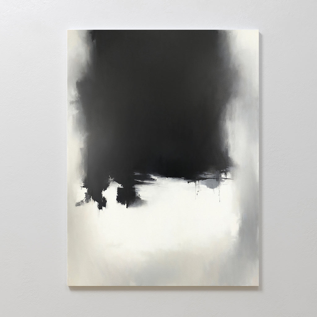 The Ink Cloud Formation Canvas Art - Vertical features a large, irregular black shape at the top center fading into gray and white below, creating a modern, sophisticated look with dramatic contrast and a soft, cloudy texture.
