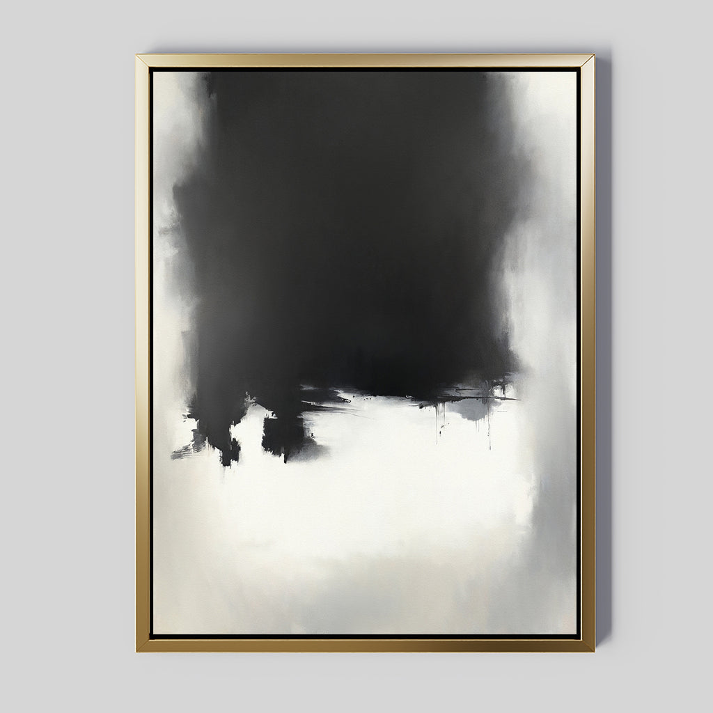 The Ink Cloud Formation Canvas Art - Vertical features a gold frame and striking black at the top fading into soft white and gray, blending dramatic contrast with modern sophistication in a Nordic-inspired style.