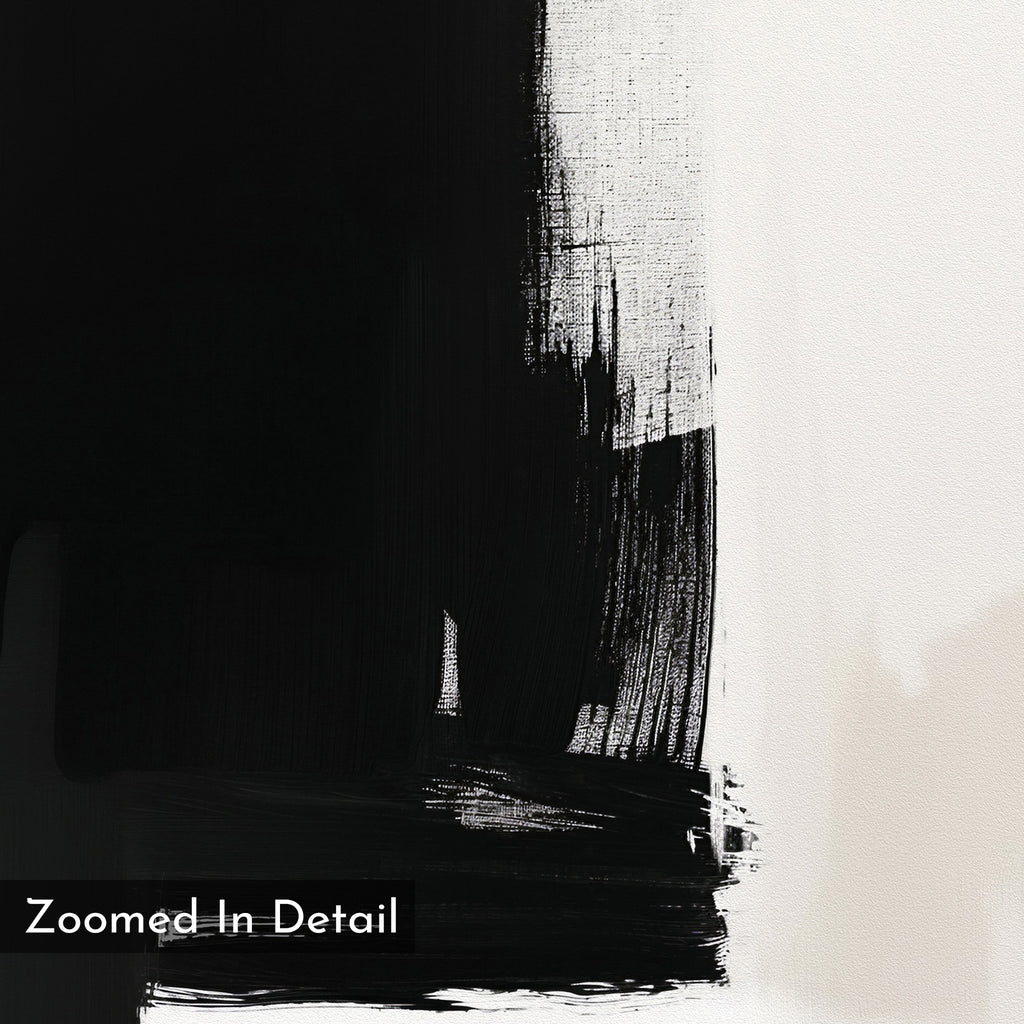 A close-up of the Ink Divide Canvas Art - Horizontal shows bold black brushstrokes on the left fading into a white background on the right. Minimalist wall art with “Zoomed In Detail” in the bottom left corner.