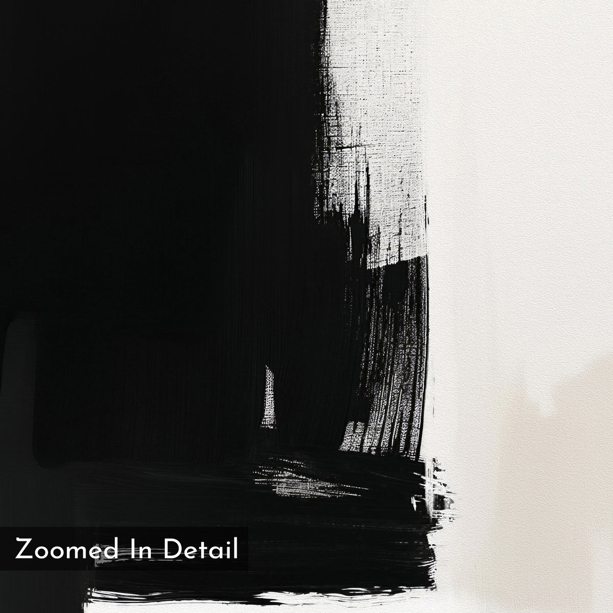 A close-up of the Ink Divide Canvas Art - Horizontal shows bold black brushstrokes on the left fading into a white background on the right. Minimalist wall art with “Zoomed In Detail” in the bottom left corner.