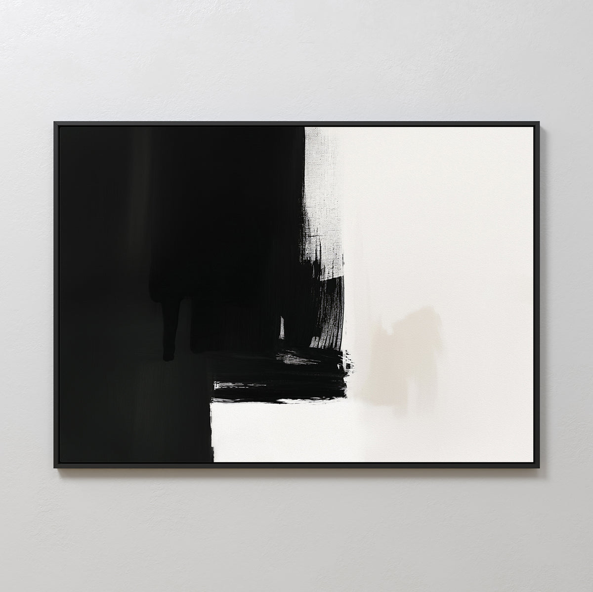Ink Divide Canvas Art - Horizontal features bold black brushstrokes along the left and bottom, blending into a white background with subtle gray tones—ideal for bringing modern elegance to your contemporary wall art collection.