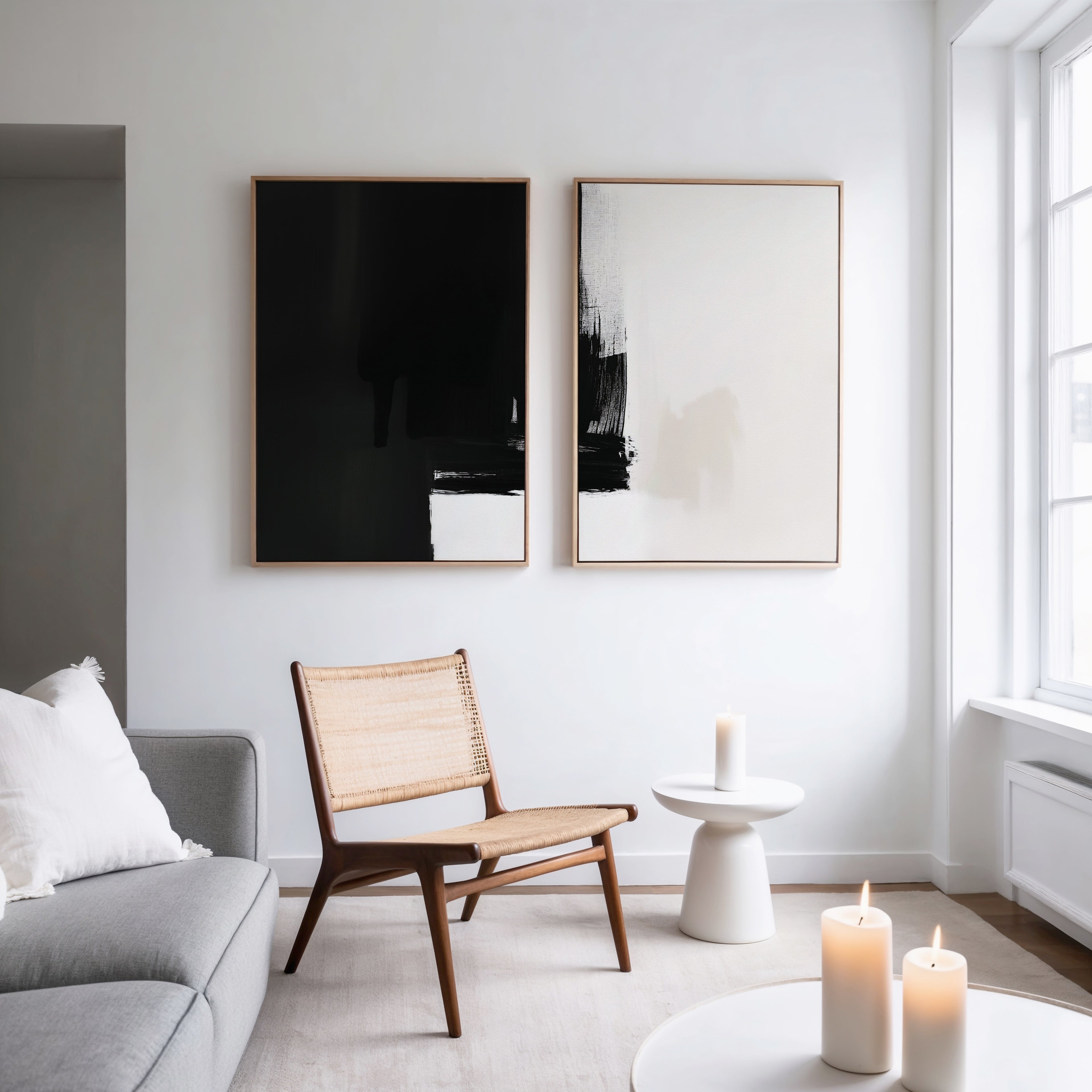 A modern, minimal living room features a woven wooden chair, a gray sofa, a small round side table with a lit candle, and contemporary wall art—the Ink Divide - Set Of 2 abstract paintings. Three candles sit on a nearby surface.