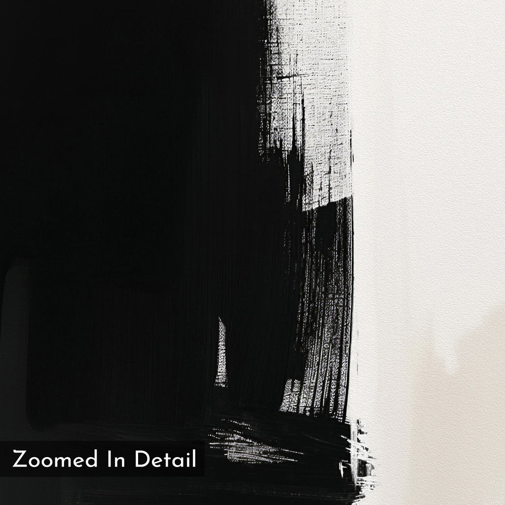 A close-up of the Ink Divide Canvas Art - Square reveals black paintbrush strokes on white canvas with textured bristle details—ideal for minimalist art lovers. “Zoomed In Detail” is shown in the bottom left corner.