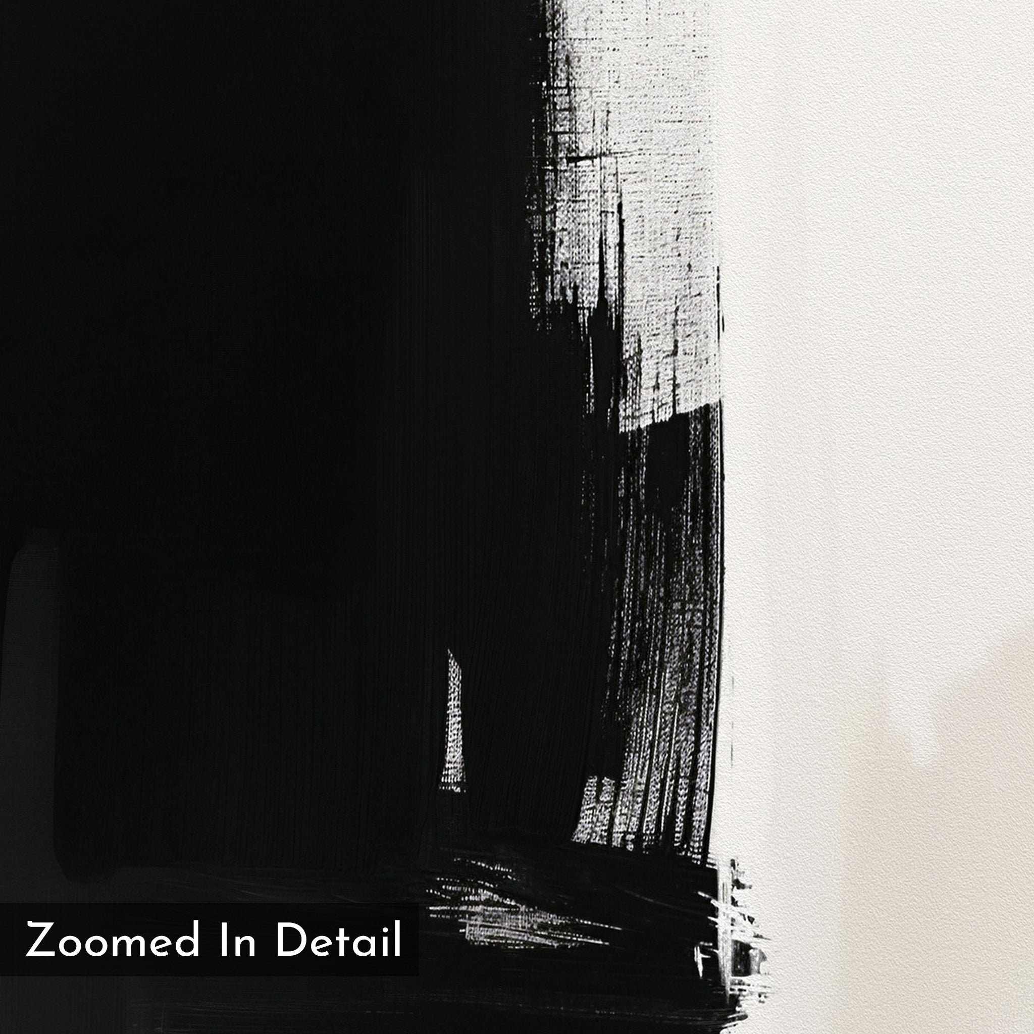 A close-up of the Ink Divide Canvas Art - Square reveals black paintbrush strokes on white canvas with textured bristle details—ideal for minimalist art lovers. “Zoomed In Detail” is shown in the bottom left corner.