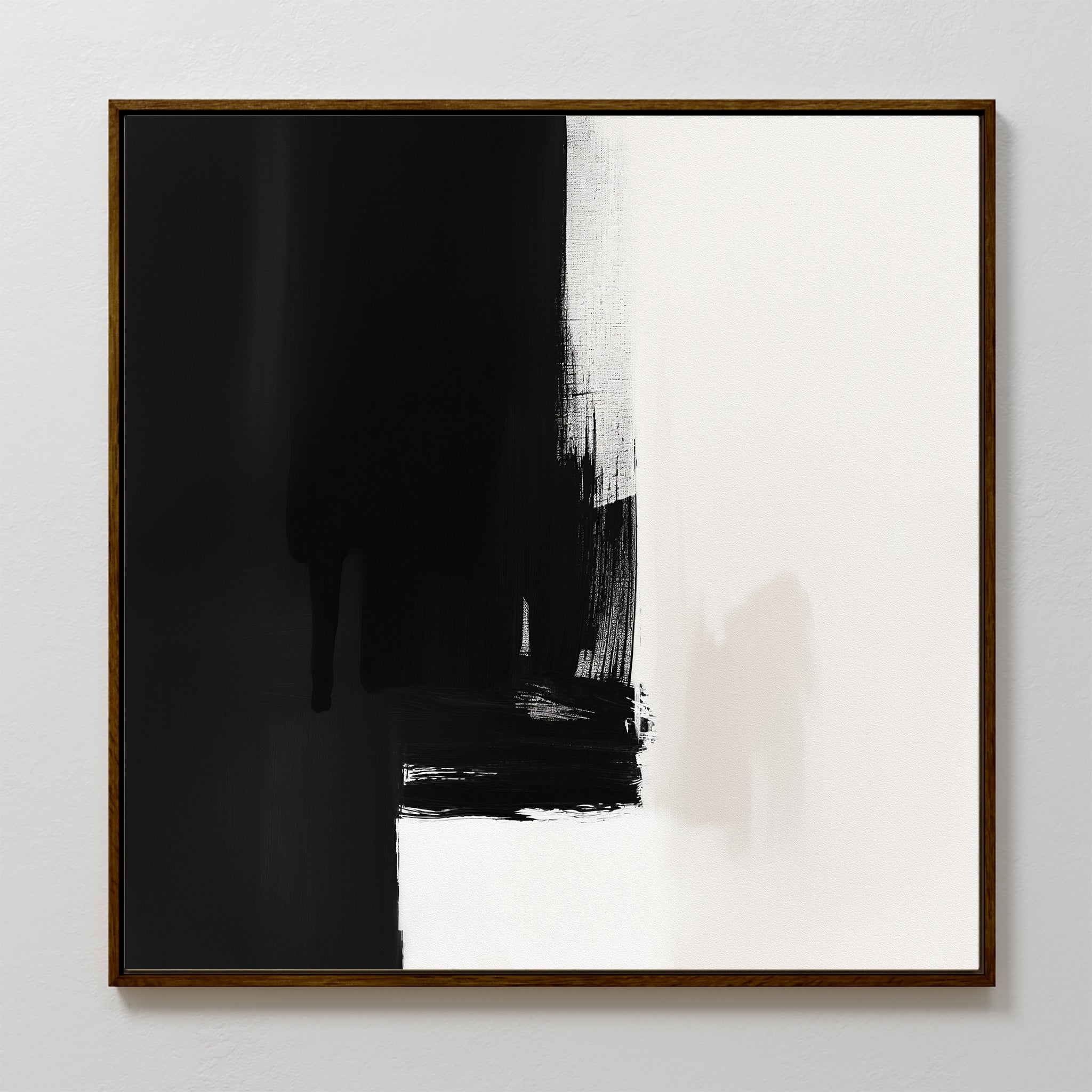 Ink Divide Canvas Art - Square features bold black and white brushstrokes in a minimalist abstract style, creating a striking contrast that adds modern drama to any contemporary wall art collection.