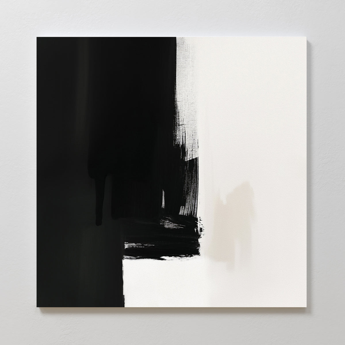 Ink Divide Canvas Art - Square features bold black brushstrokes on the left fading into textured white on the right, offering high-contrast, minimalist wall art that elevates your space with contemporary elegance.