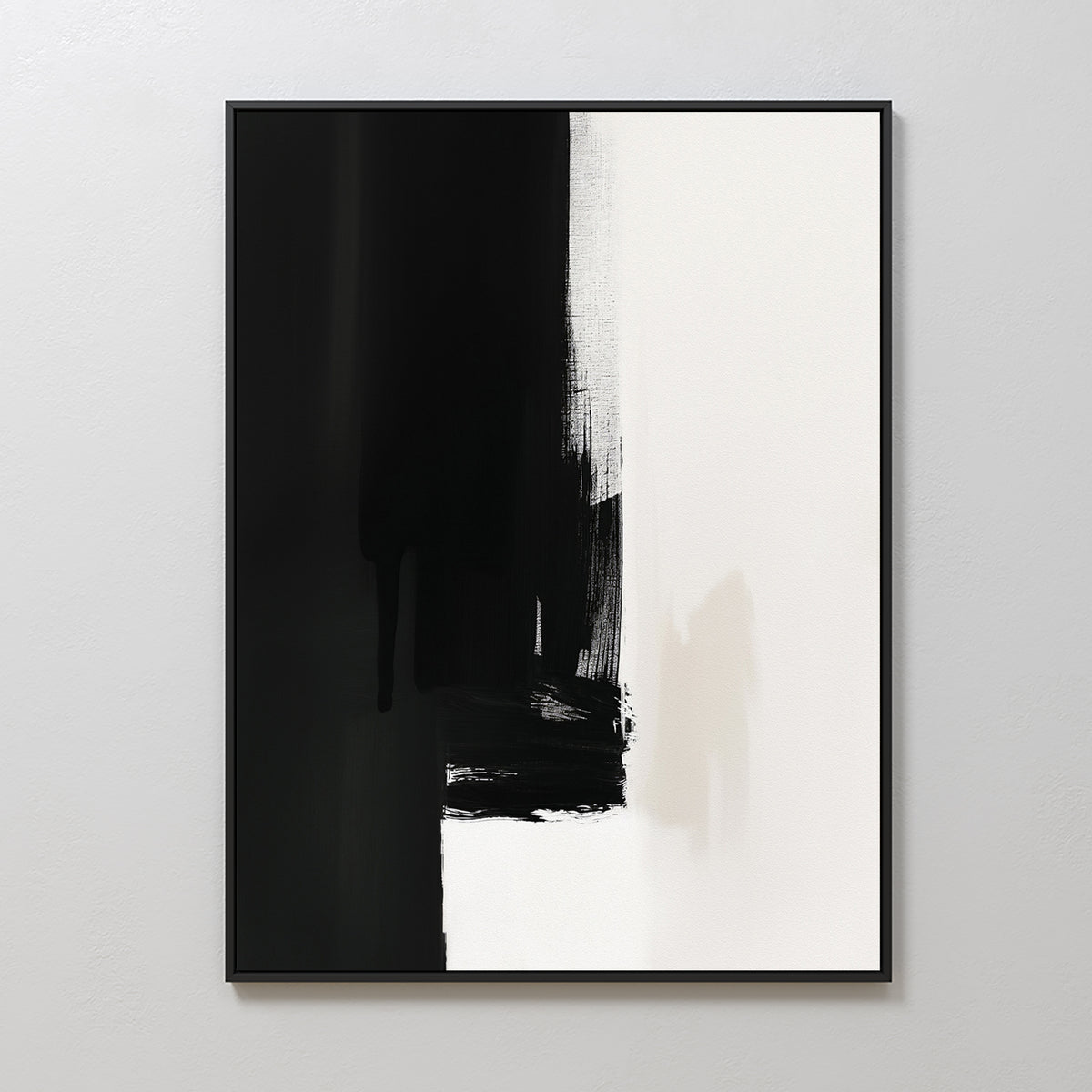 The Ink Divide Canvas Art - Vertical features bold black brushstrokes on the left fading into white on the right, creating a striking contrast and embodying minimalist, modern wall art.